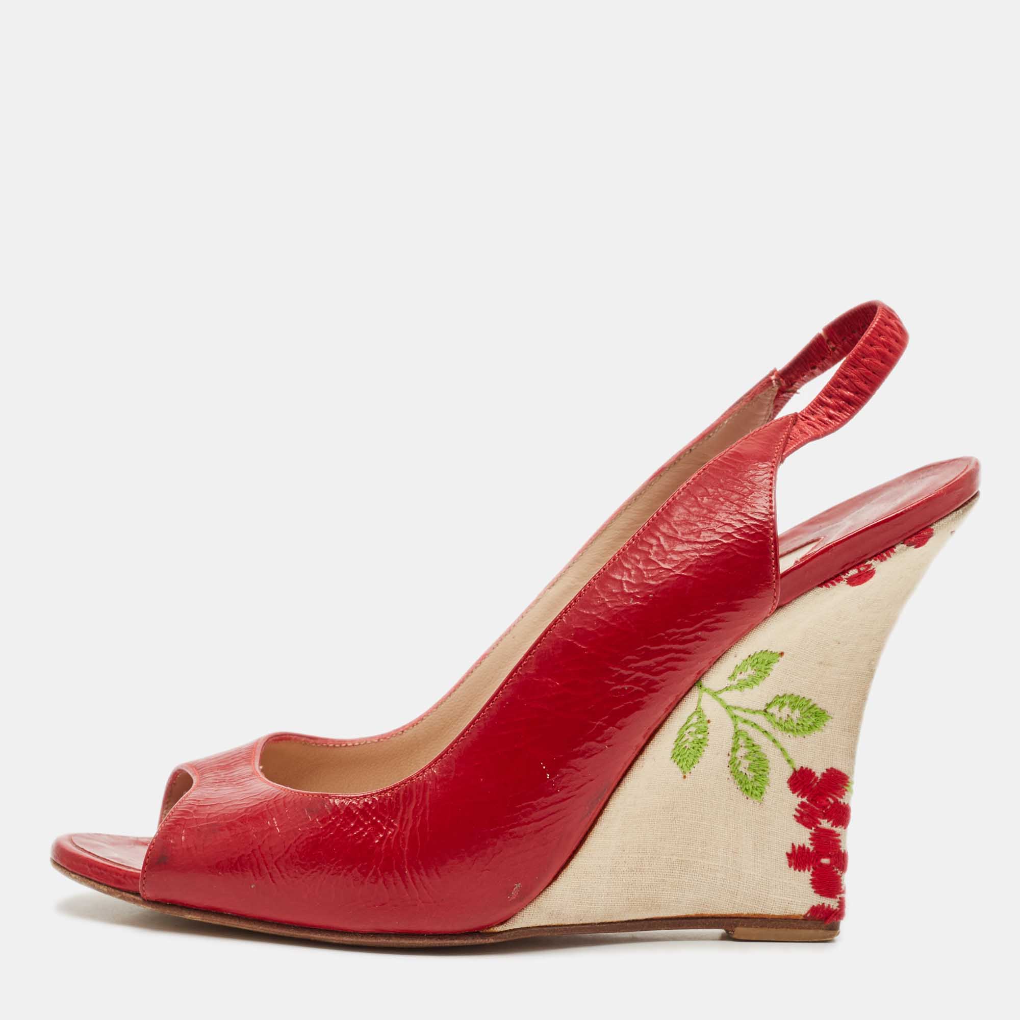 Manolo Blahnik Red Leather Wedge Slingback Sandals Size 37.5