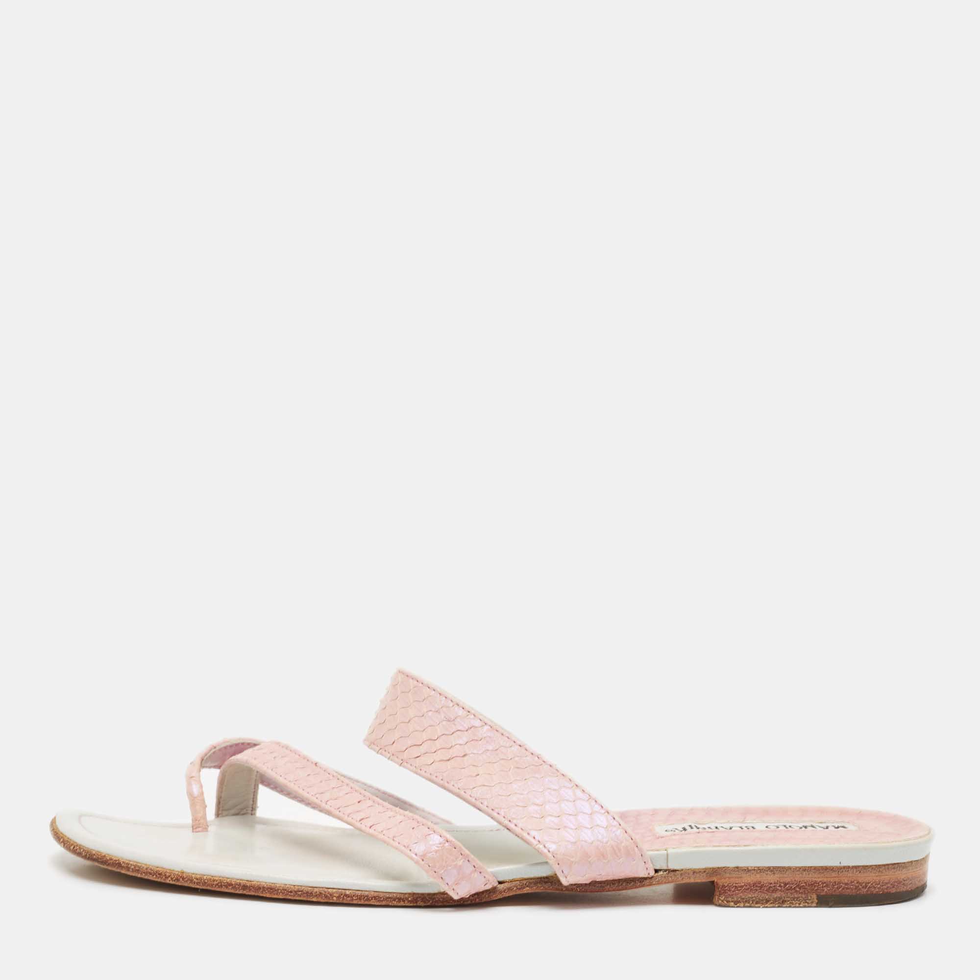 Manolo Blahnik Pink Python Leather Susa Flat Slides Size 38