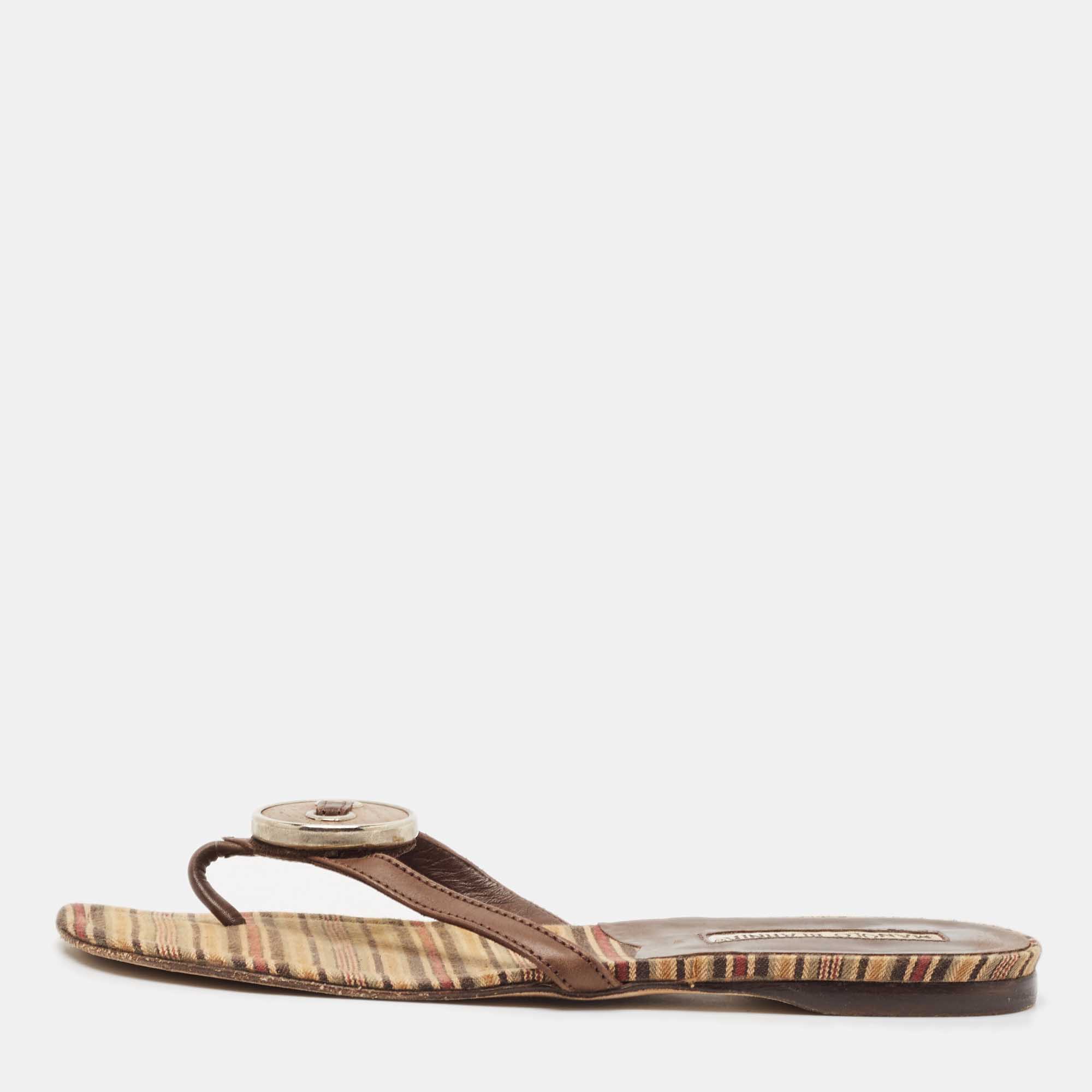 Manolo Blahnik Brown Canvas and Leather Thong Flats Size 36.5