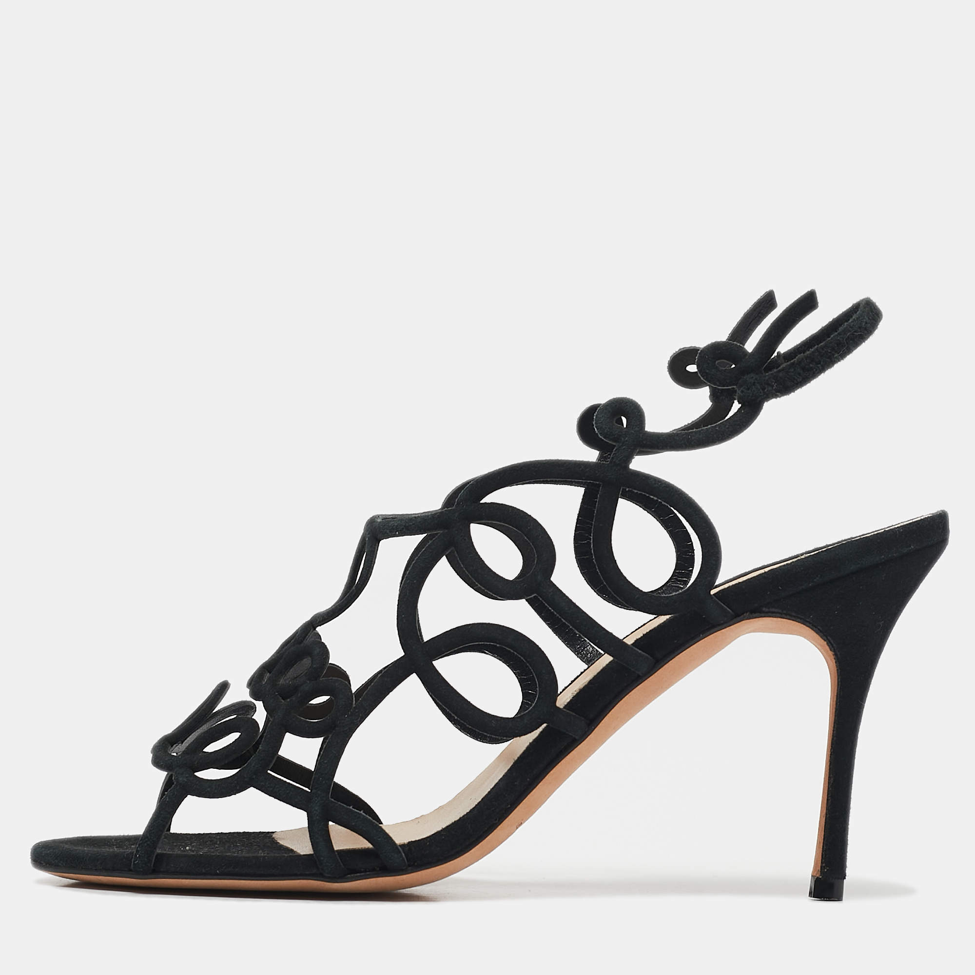Manolo Blahnik Black Suede Slingback Sandals Size 37.5