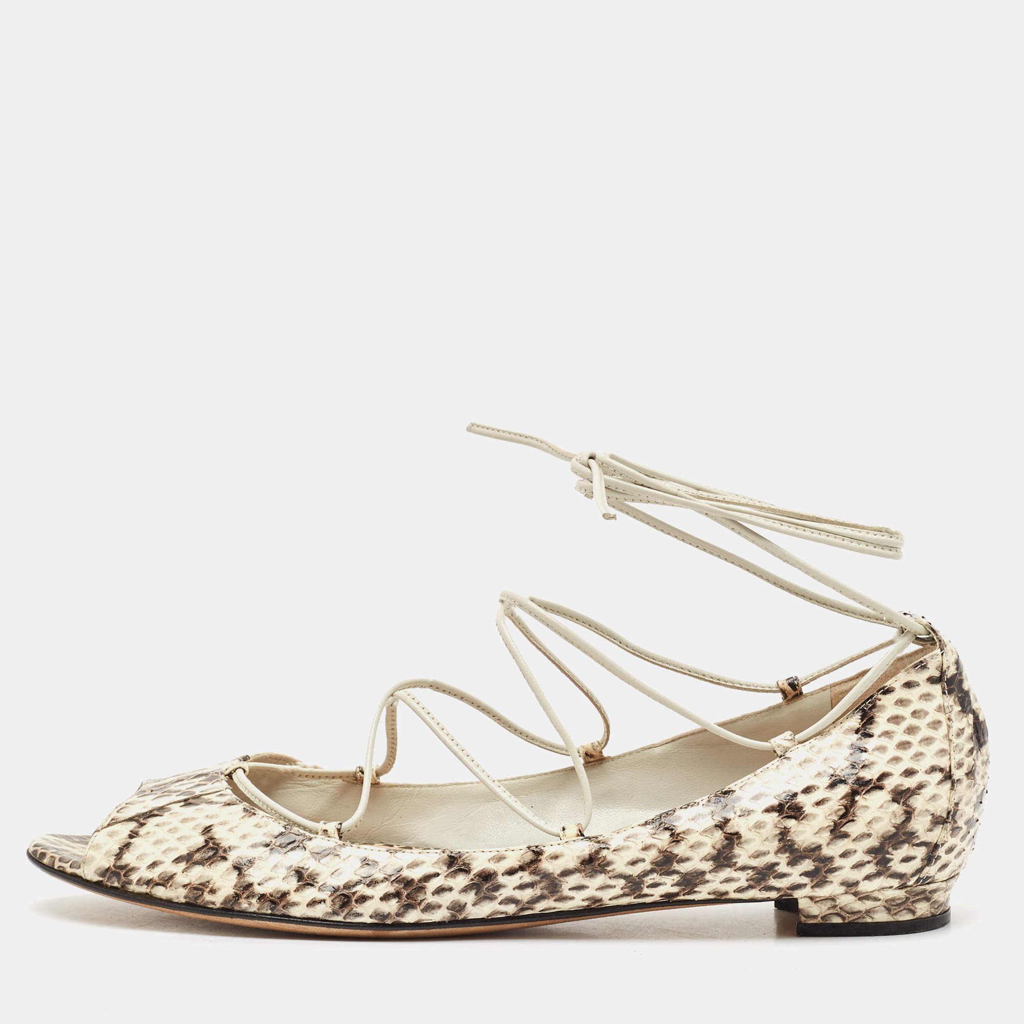 Manolo Blahnik Cream Python Leather Ballet Flats Size 37.5