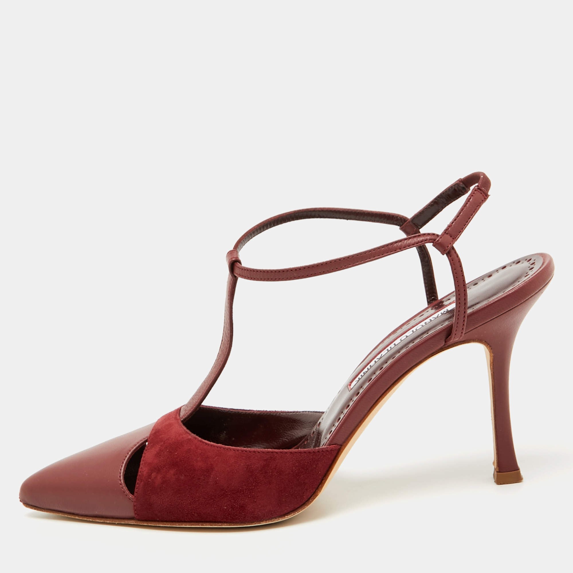 Manolo Blahnik Burgundy Leather and Suede Turgimodhi Pumps Size 38