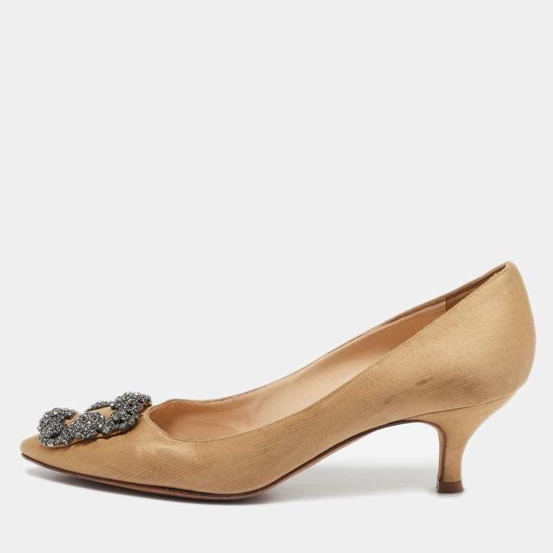 Manolo Blahnik Brown Satin Hangisi Embellished Pumps Size 36.5