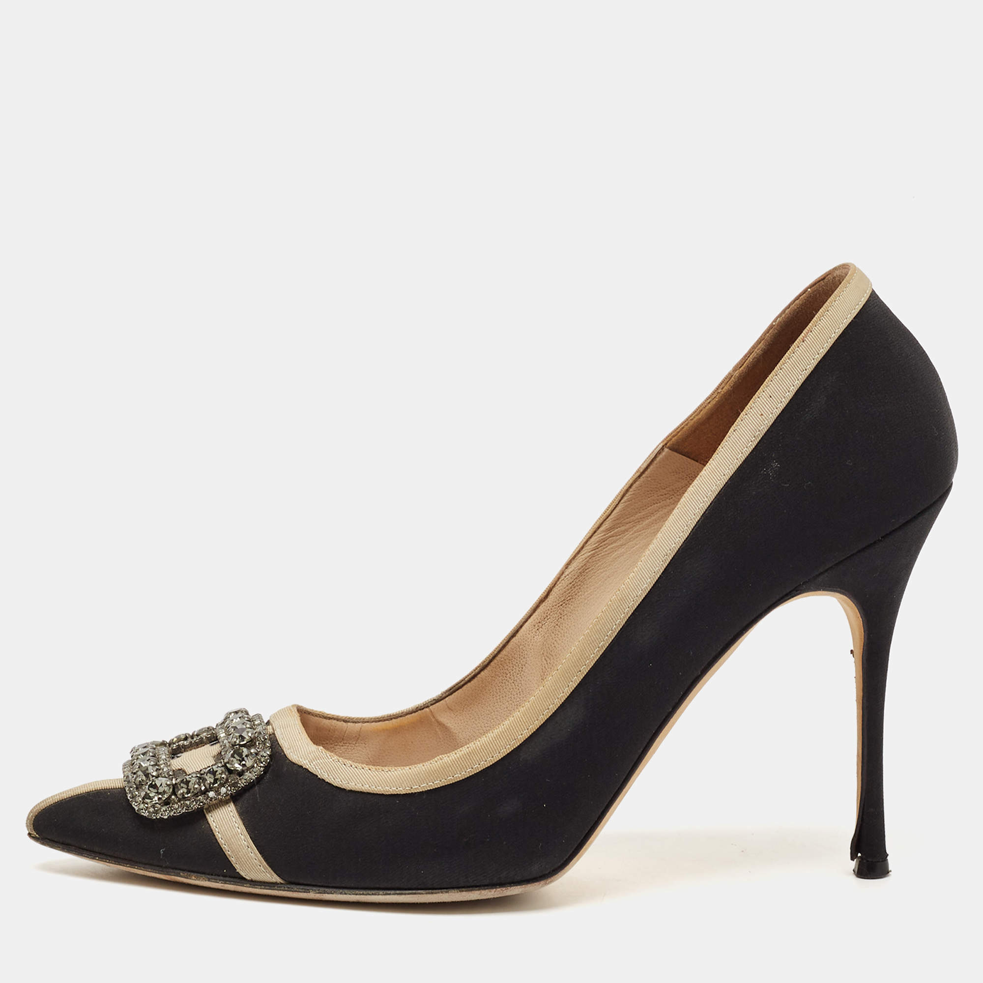 Pre Owned Manolo Blahnik Black/Grey Canvas and Fabric Hangisi Pumps Size 40.5