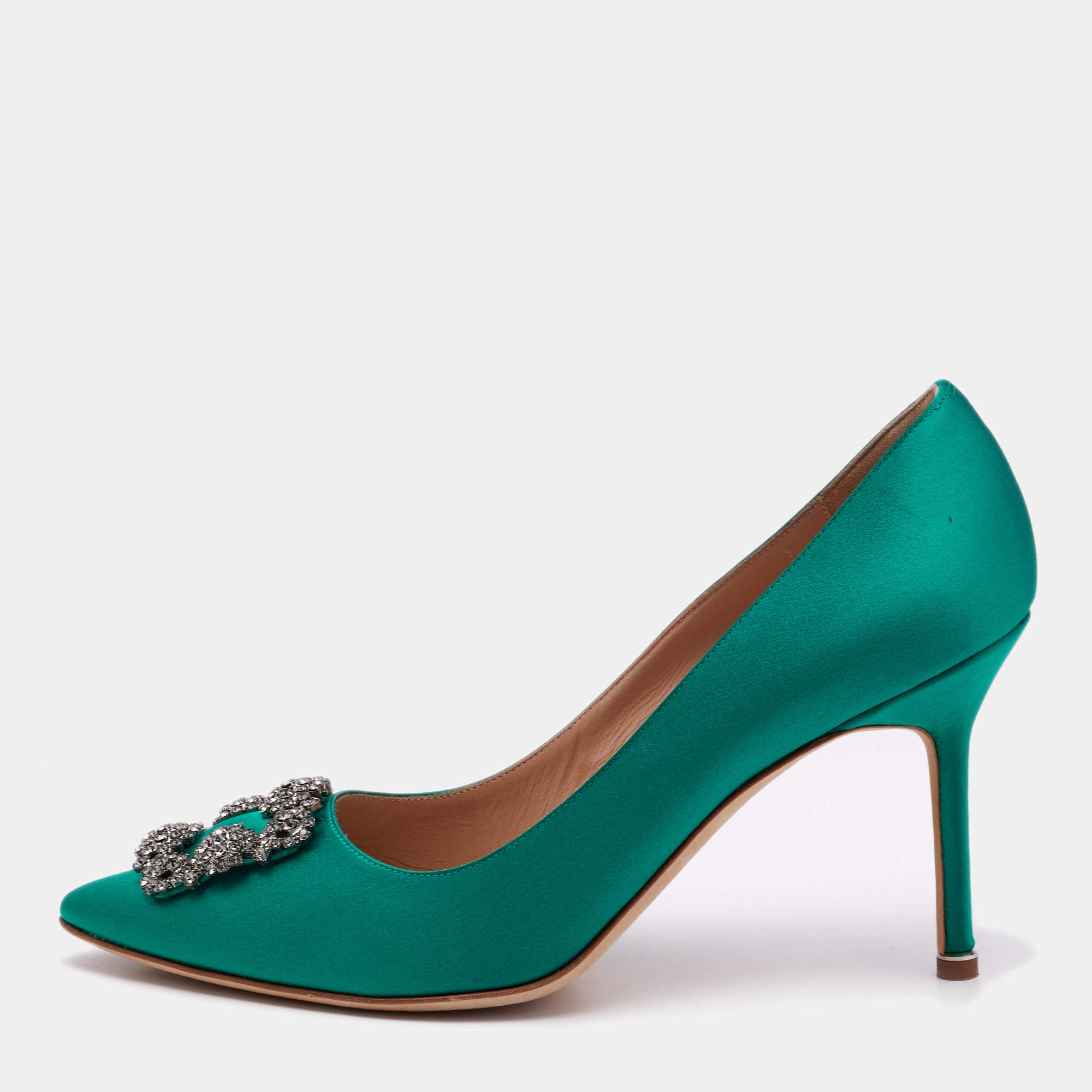 Manolo Blahnik Green Satin Hangisi Crystal Embellished Pumps Size 41