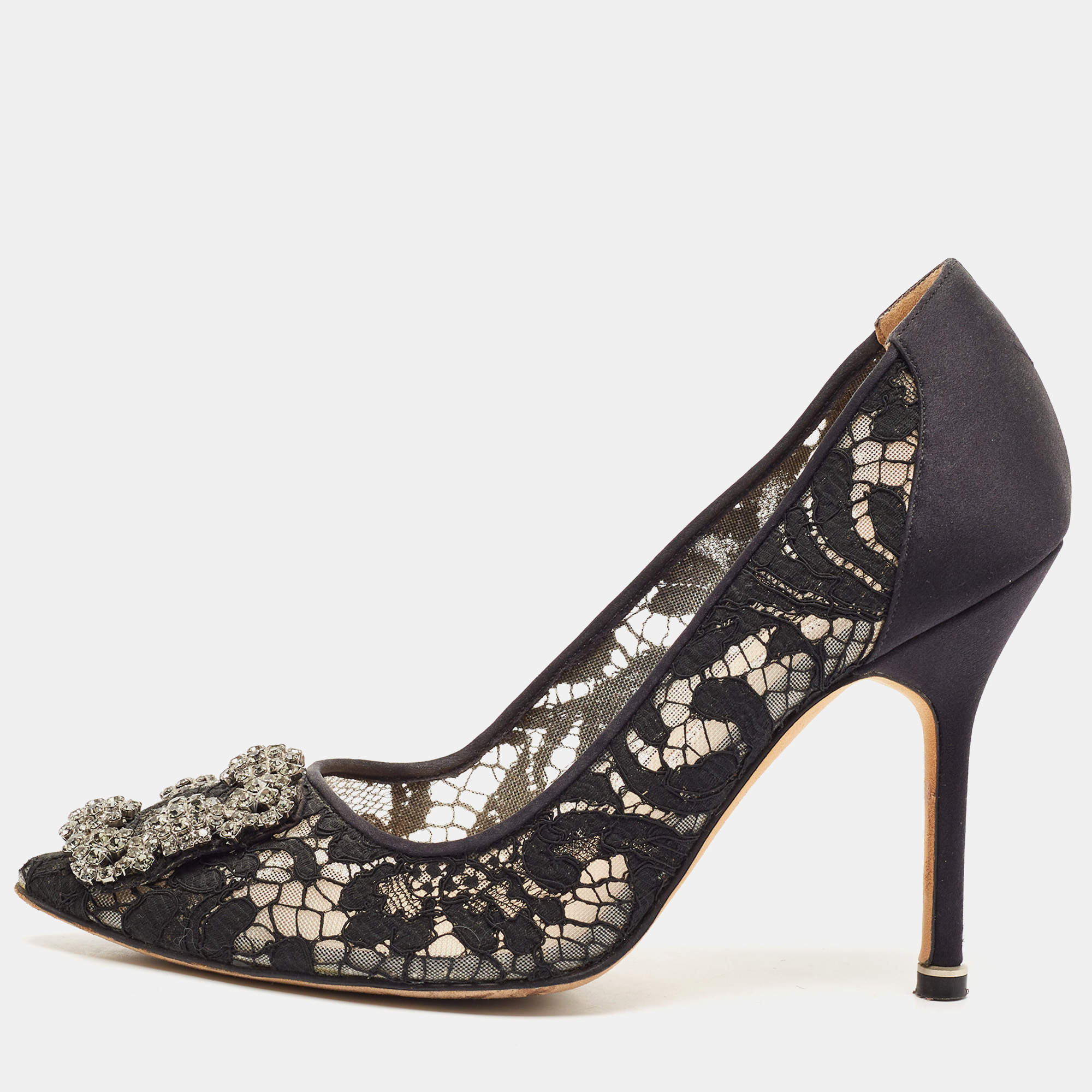 Manolo Blahnik Black Lace And Mesh Hangisi Pumps Size 36.5