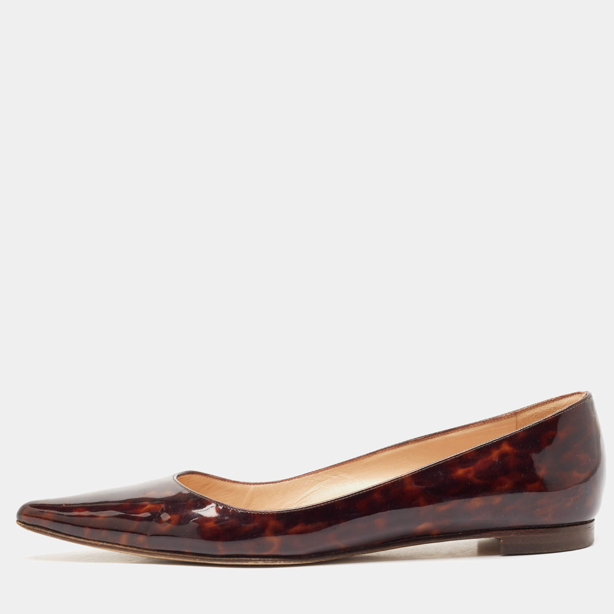 Manolo Blahnik Brown Patent Pointed Toe Ballet Flats Size 37.5