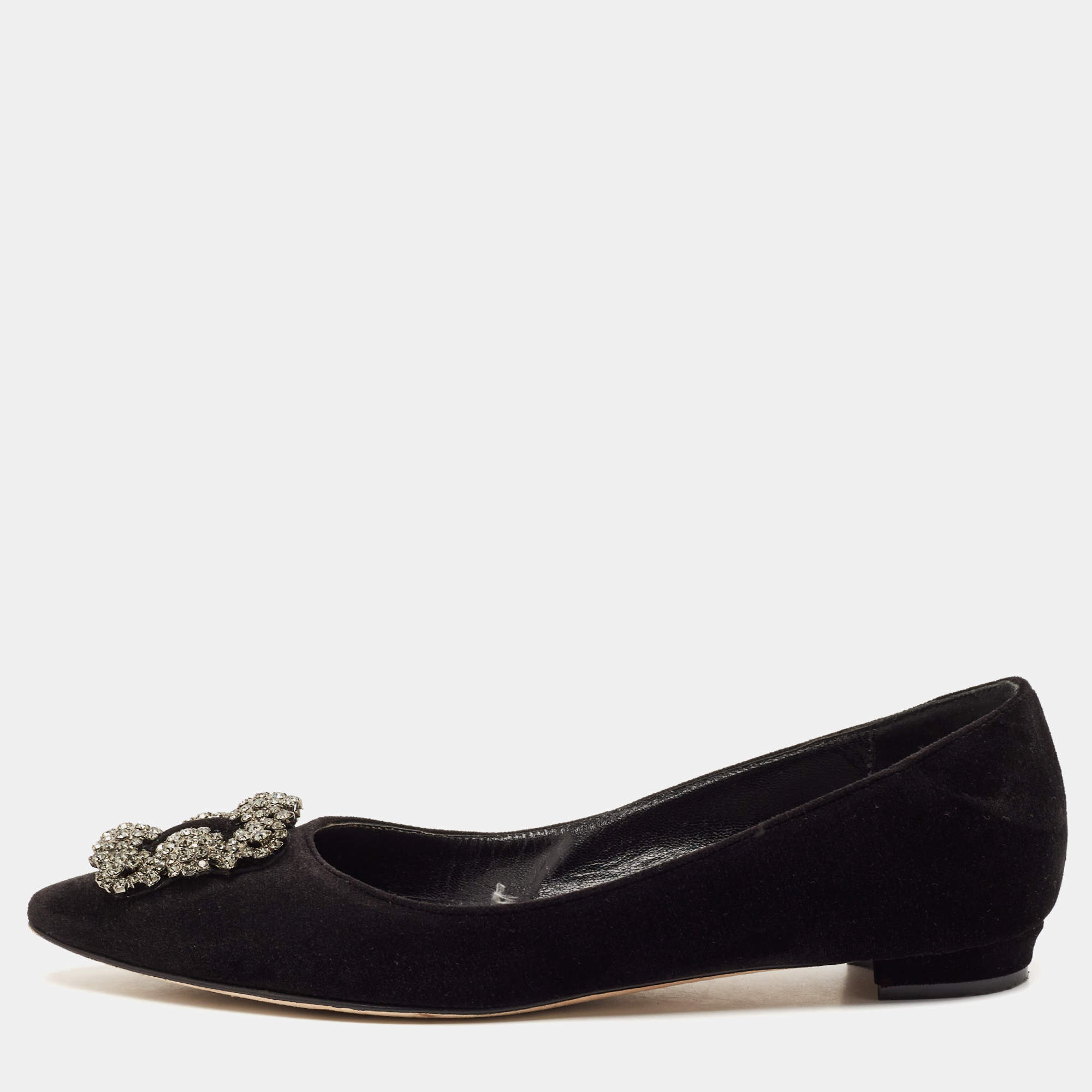Pre Owned Manolo Blahnik Black Velvet Hangisi Ballet Flats Size 37.5