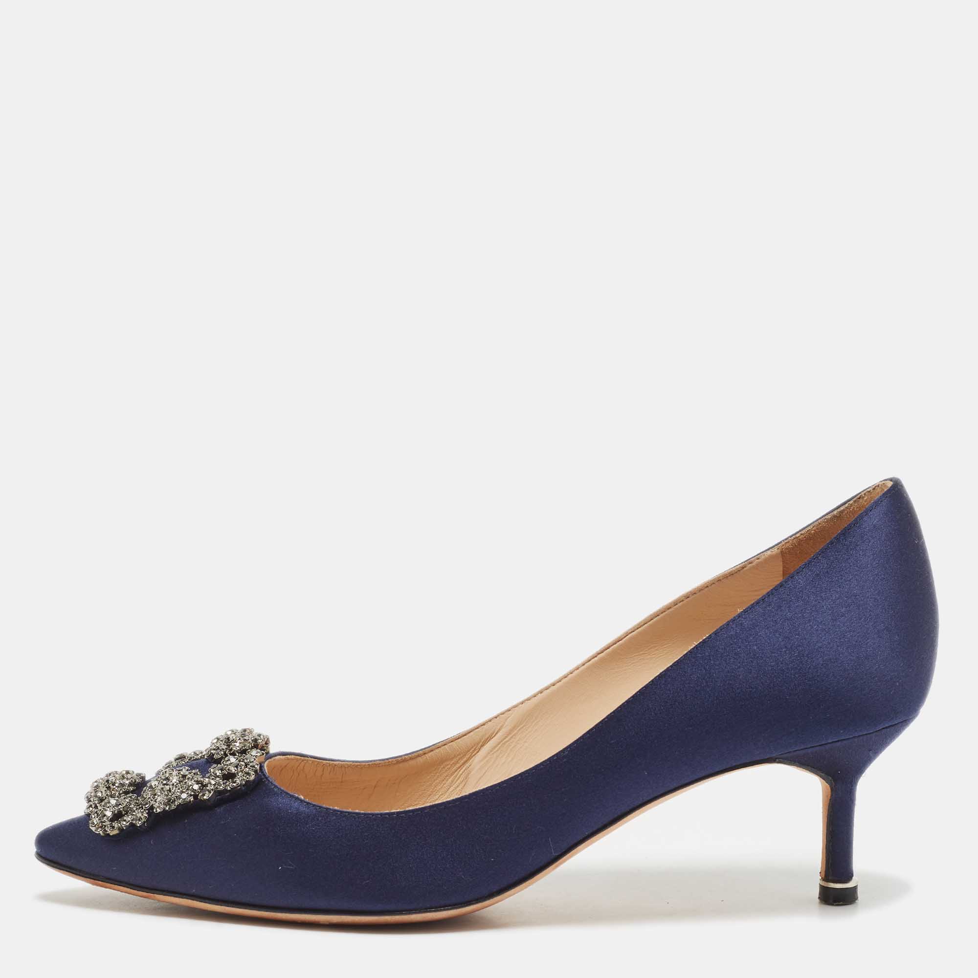 Pre Owned Manolo Blahnik Navy Blue Satin Hangisi Pumps Size 37.5