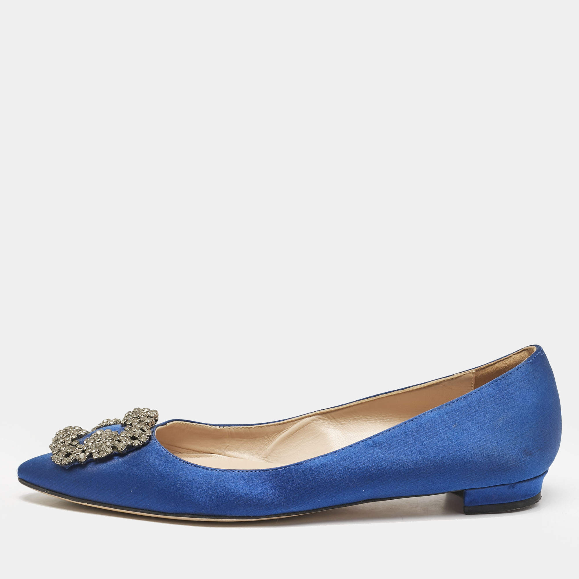 Manolo Blahnik Navy Blue Satin Hangisi Ballet Flats Size 38.5