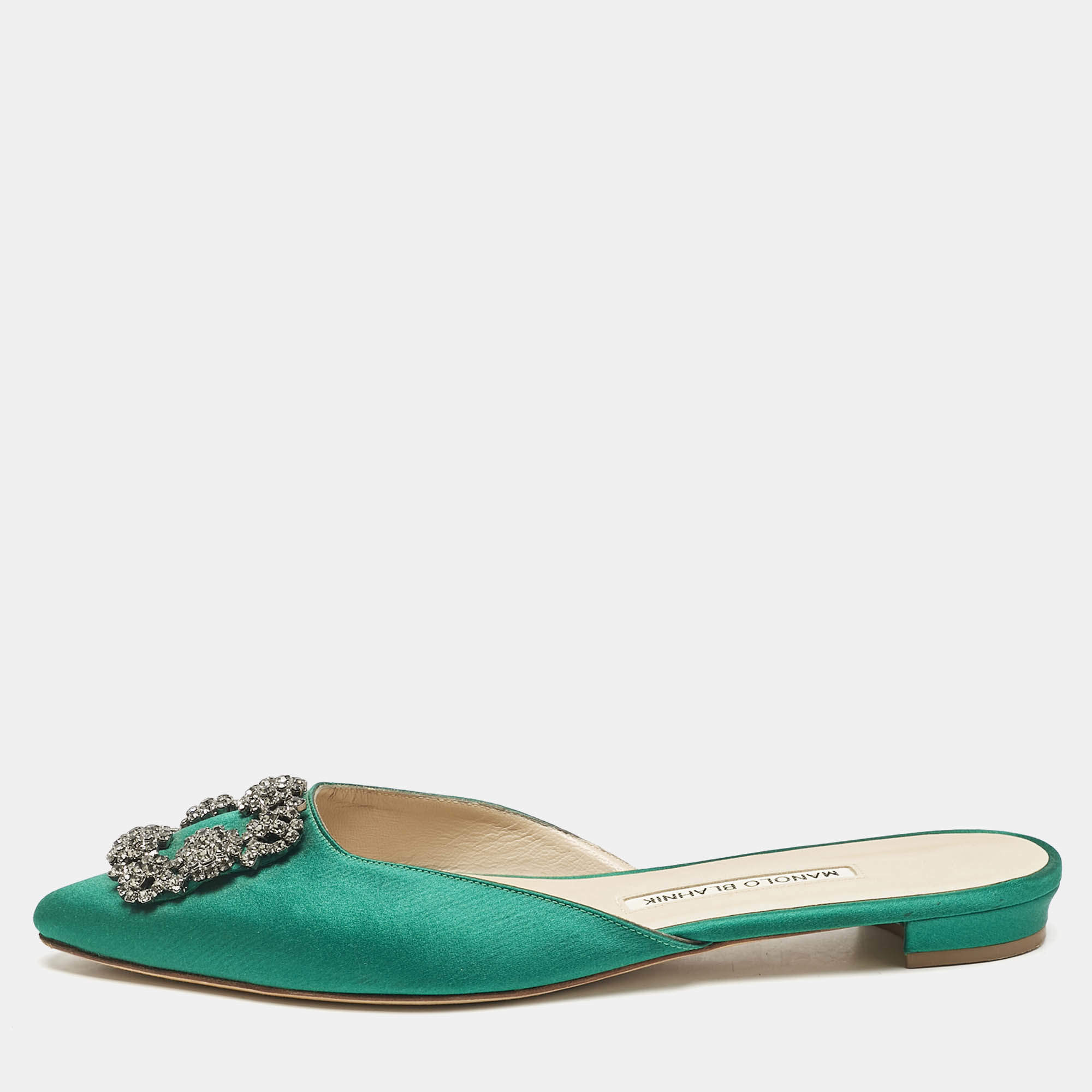 Manolo Blahnik Green Satin Hangisi Crystal Embellished Flat Mules Size 38