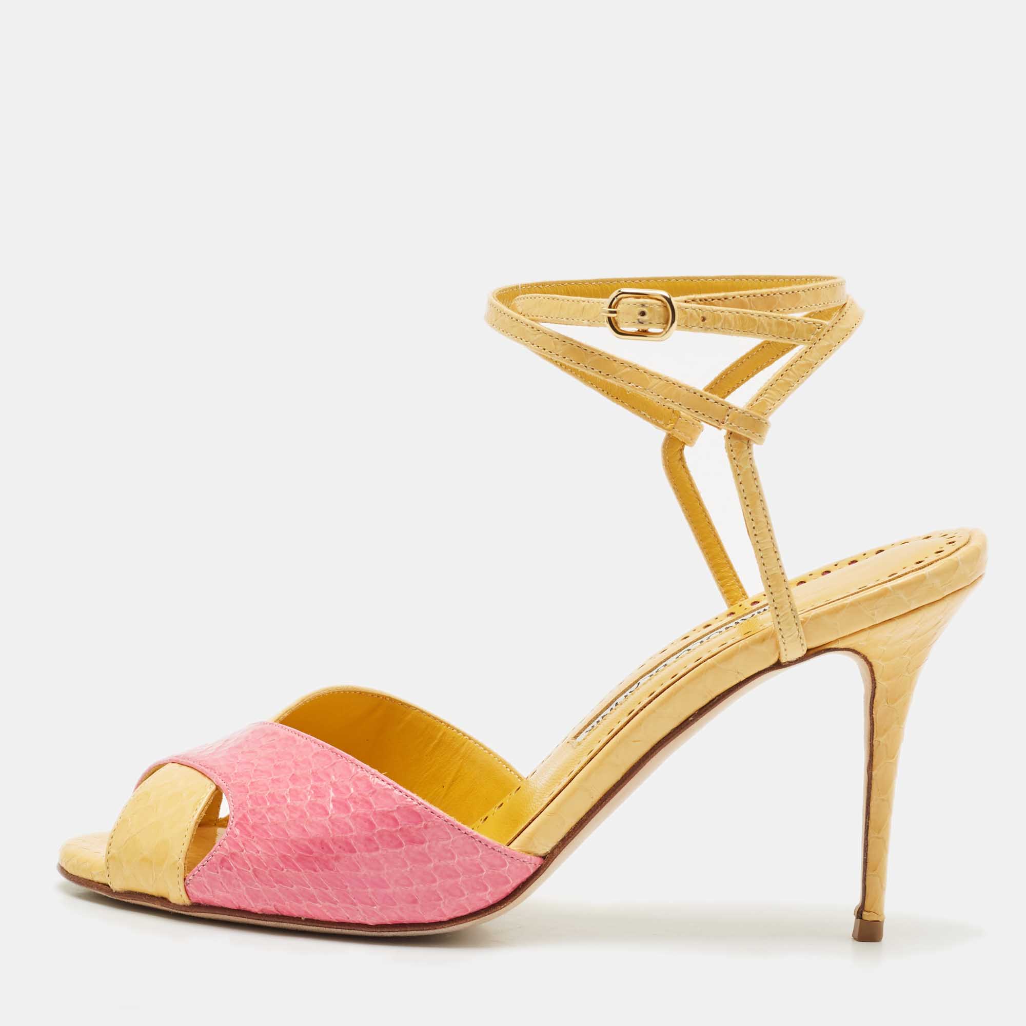 Pre Owned Manolo Blahnik Yellow/Pink Python Embossed Patent Leather Mumbi Ankle Strap Sandals Size 36