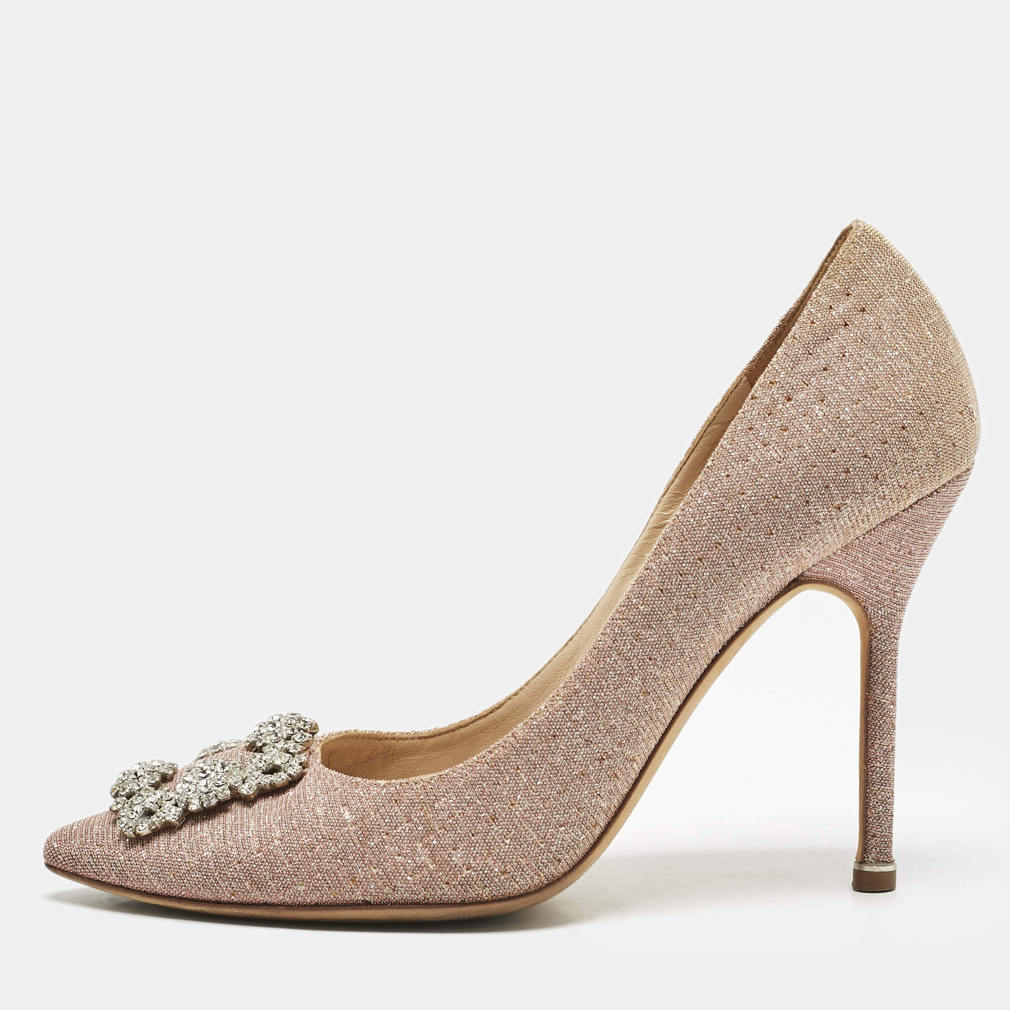 Manolo Blahnik Pale Pink Metallic Lurex Fabric Hangisi Pumps Size 39