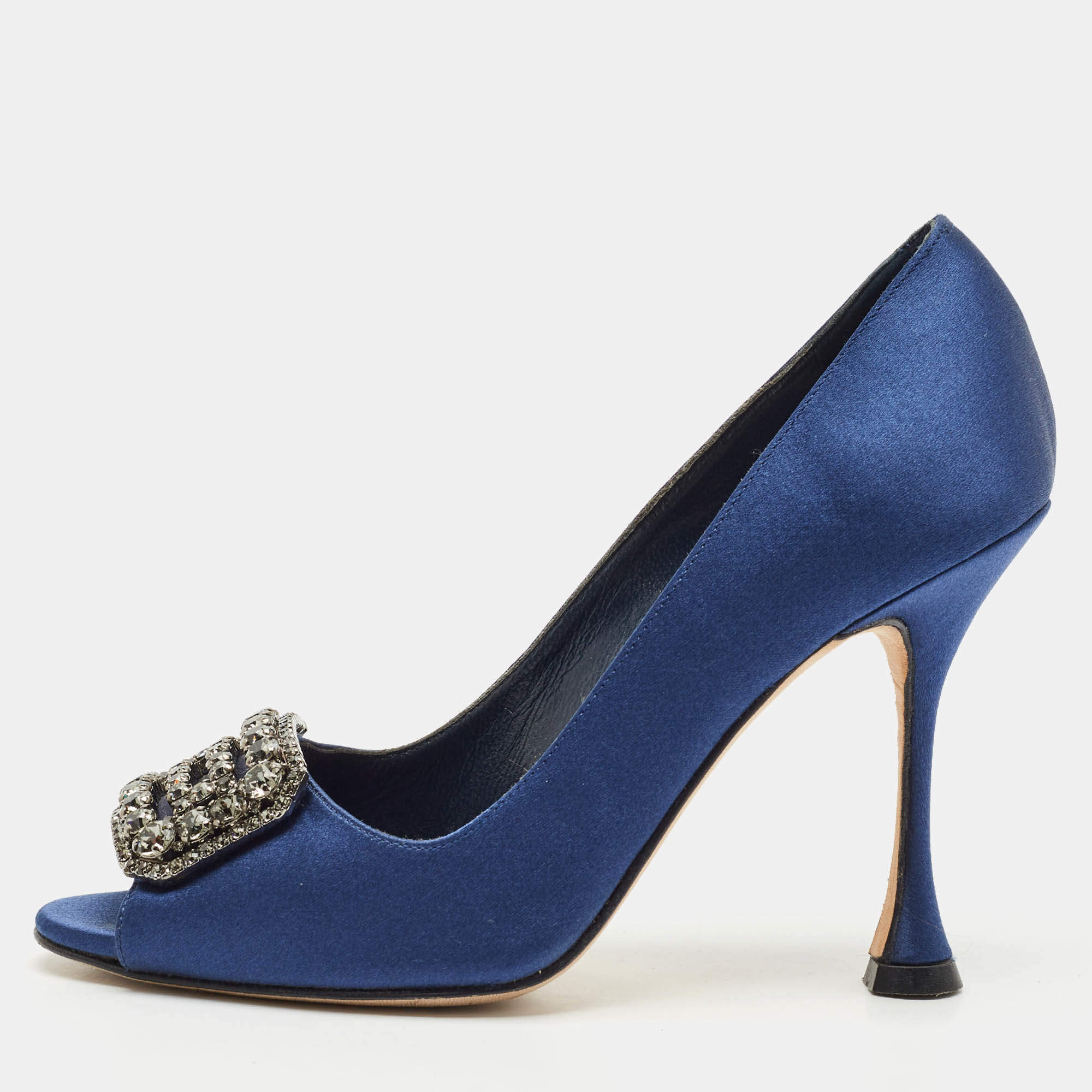 Manolo Blahnik Navy Blue Satin Matik Peep Toe Pumps Size 35
