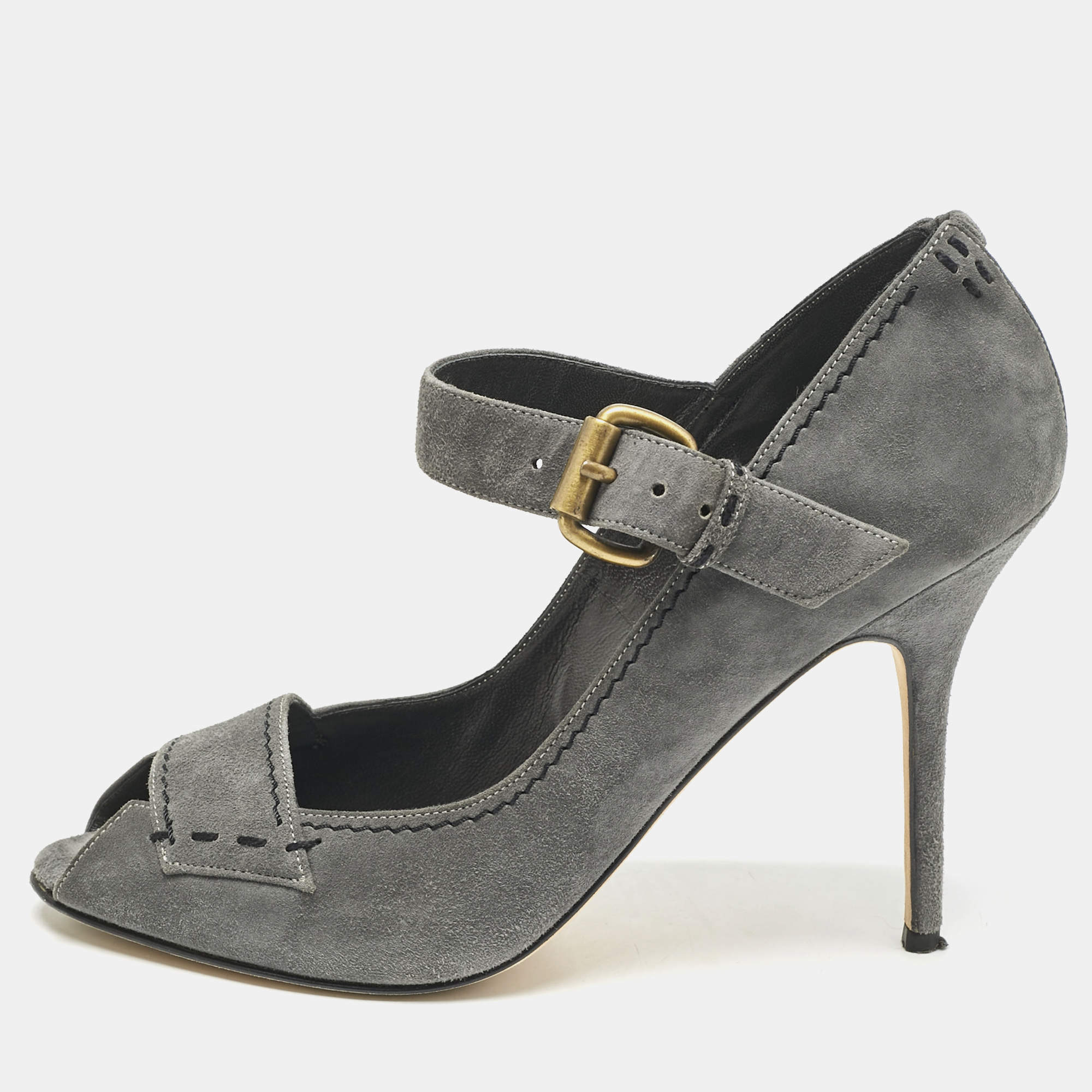 Manolo Blahnik Grey Suede Reata Peep Toe Pumps Size 40.5