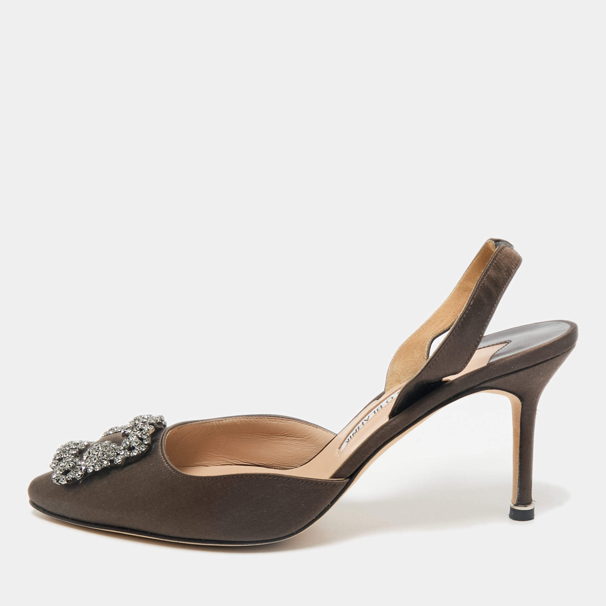 Pre Owned Manolo Blahnik Dark Green Satin Hangisli Slingback Pumps Size 40