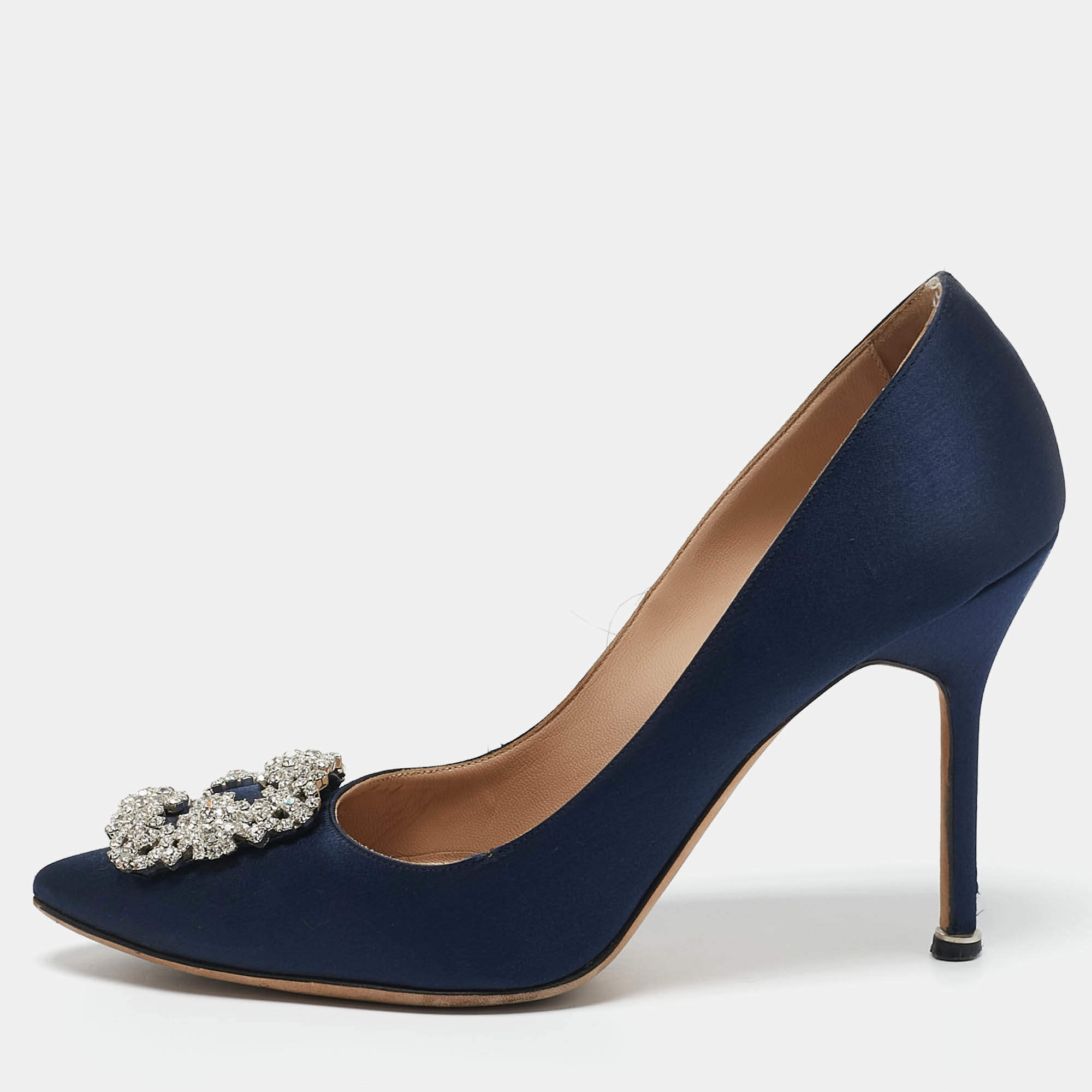 Manolo Blahnik Blue Satin Hangisi Embellished Pumps Size 39.5