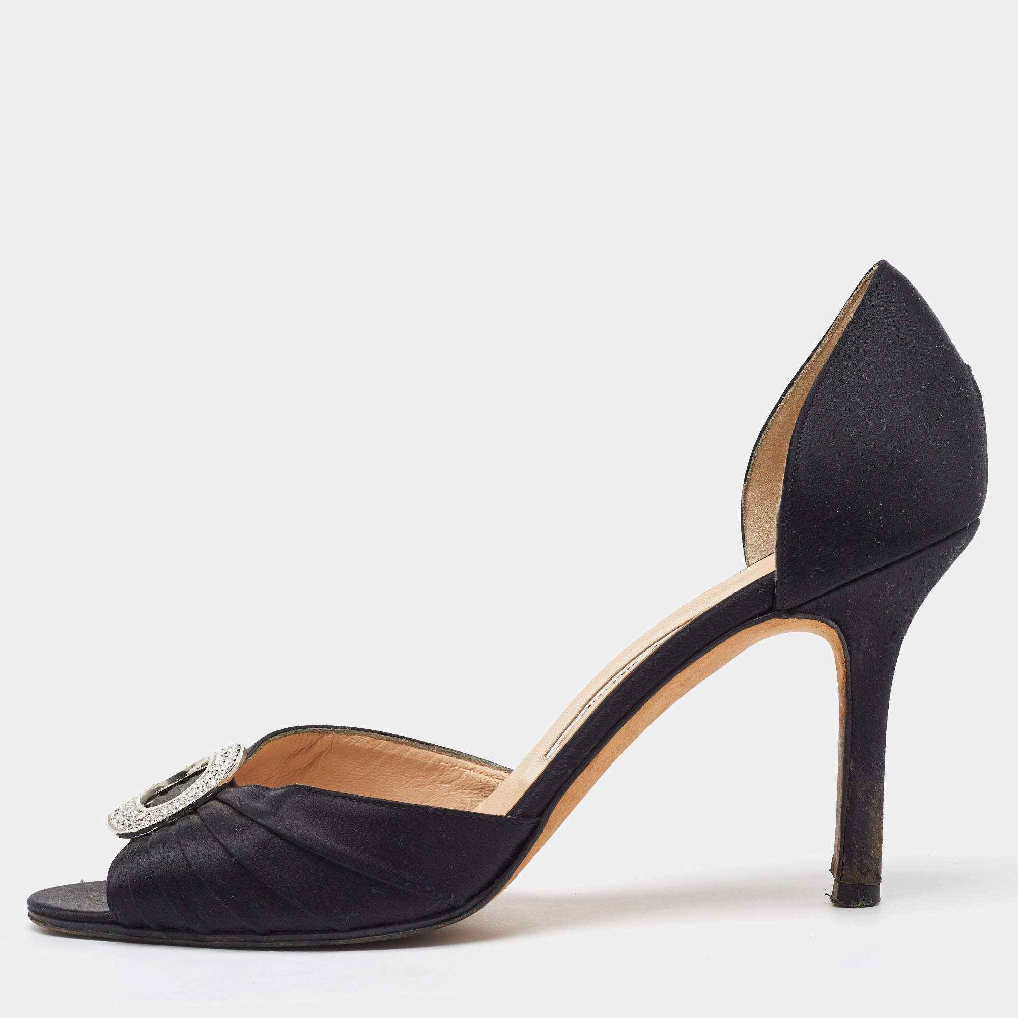 Pre Owned Manolo Blahnik Black Satin Pleated Sedaraby D'orsay Pumps Size 37.5