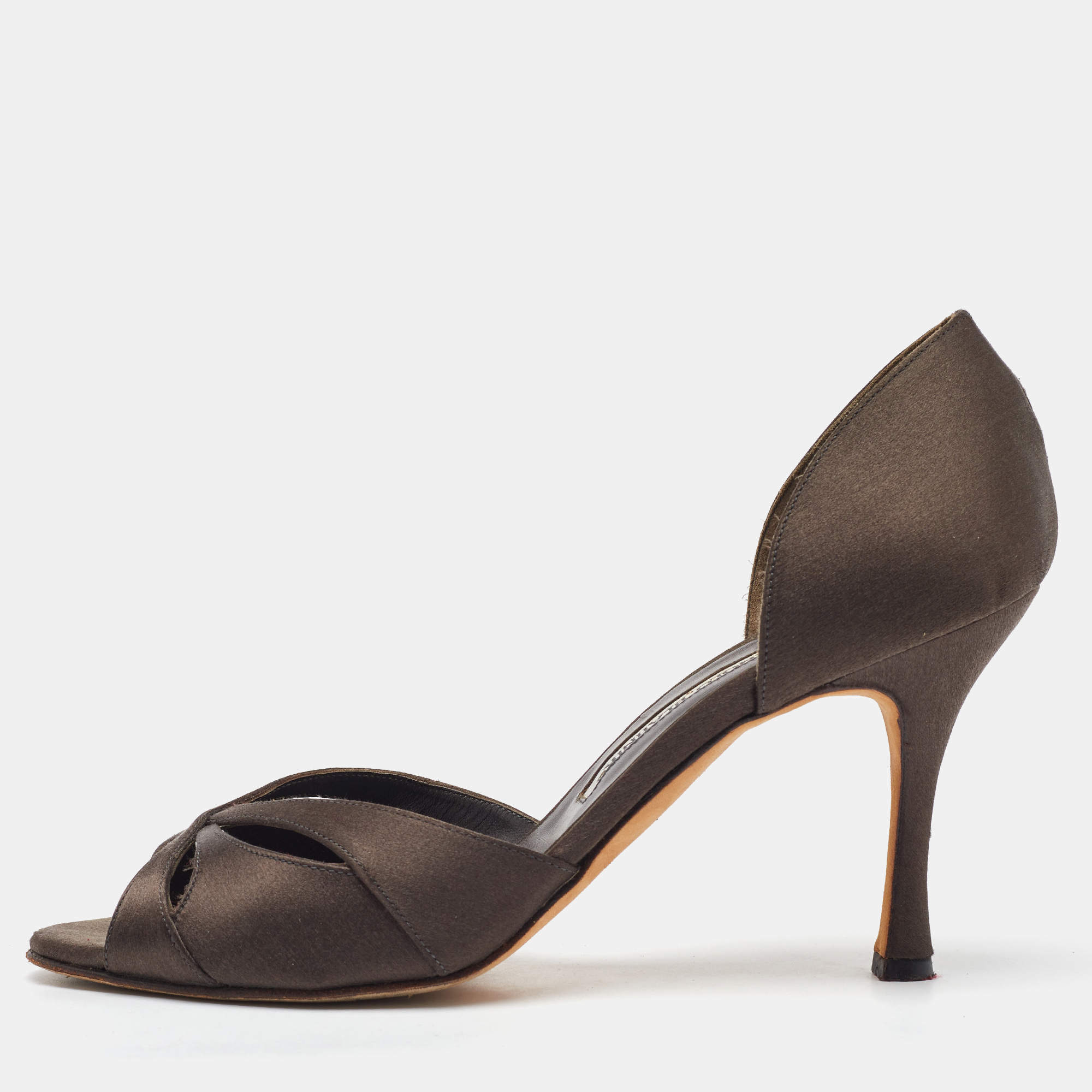 Manolo Blahnik Dark Brown Satin Open Toe D'orsay Pumps Size 37.5