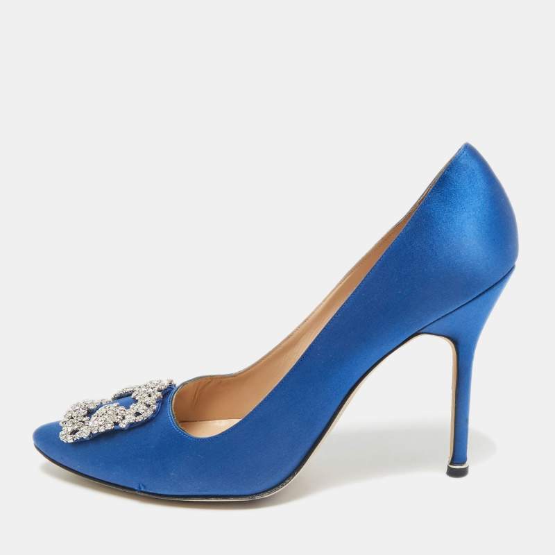 Manolo Blahnik Blue Satin Hangisi Crystal Embellished Pointed Toe Pumps Size 39.5