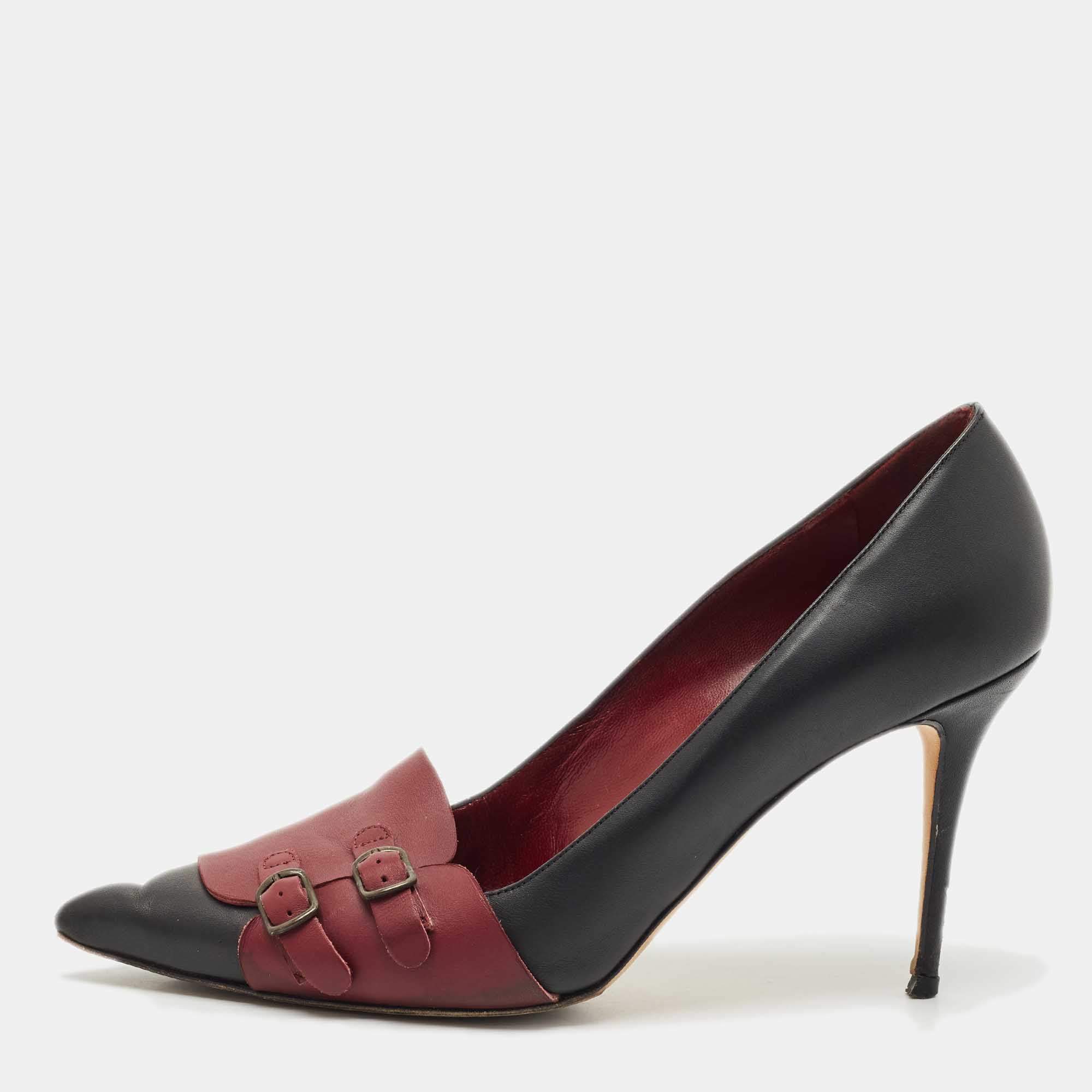 Pre Owned Manolo Blahnik Black/Burgundy Leather Cajada Pointed Toe Pumps Size 38
