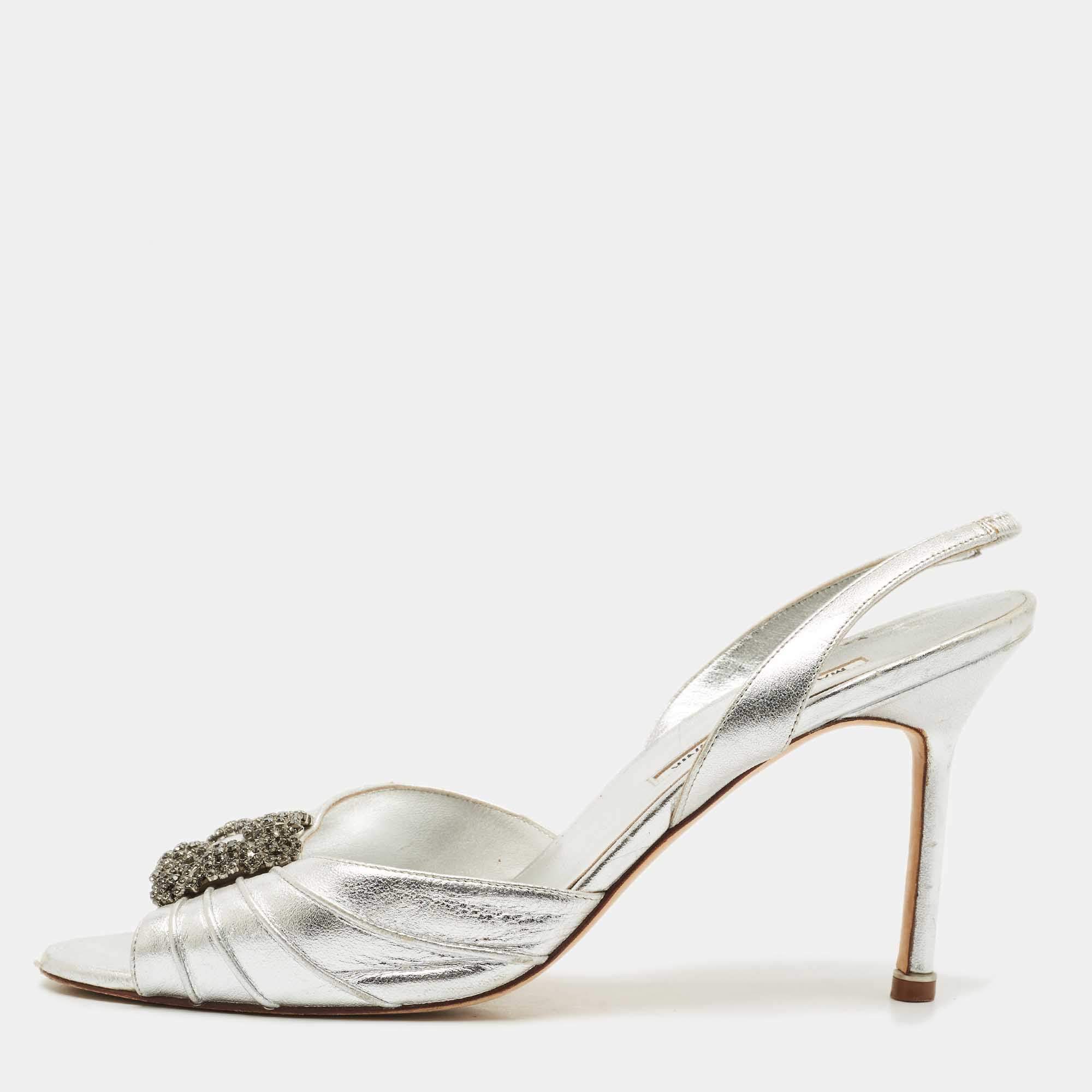 Manolo Blahnik Silver Leather Cassia Slingback Sandals Size 41