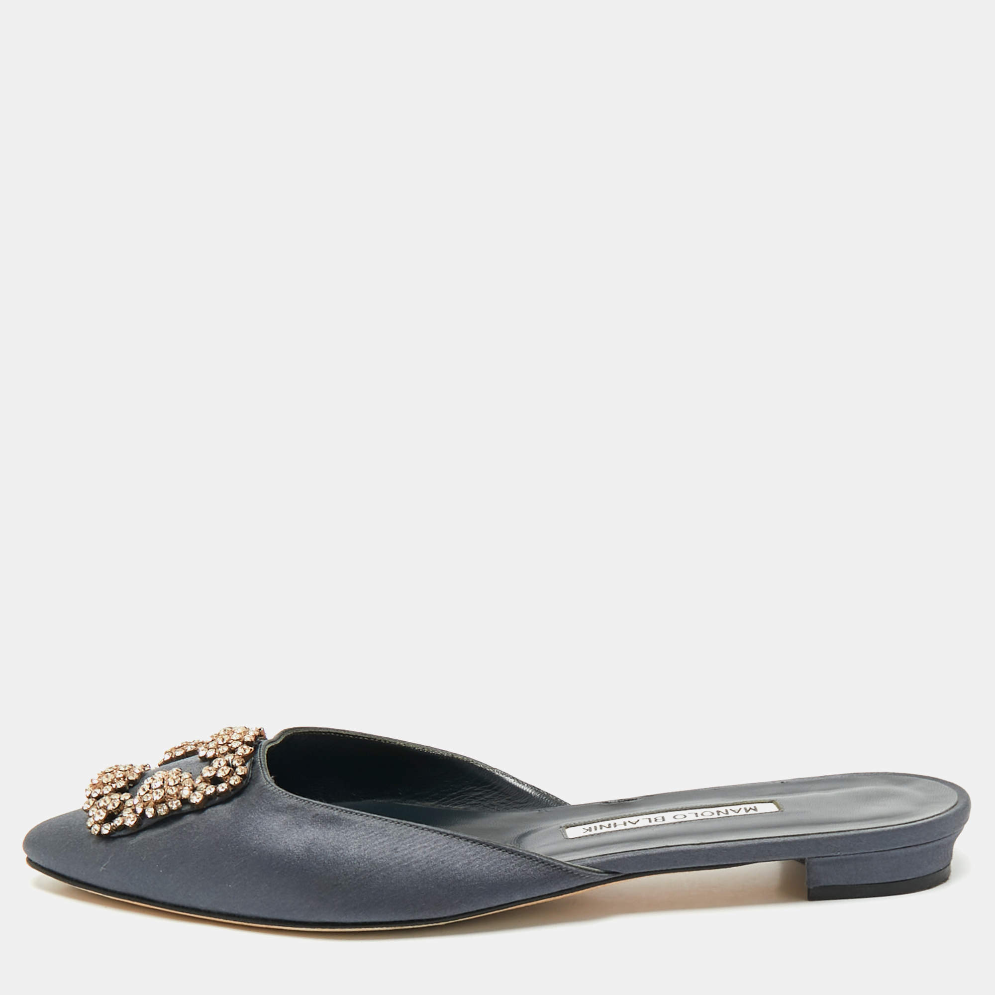 Manolo Blahnik Grey Satin Hangisi Flat Mules Size 39