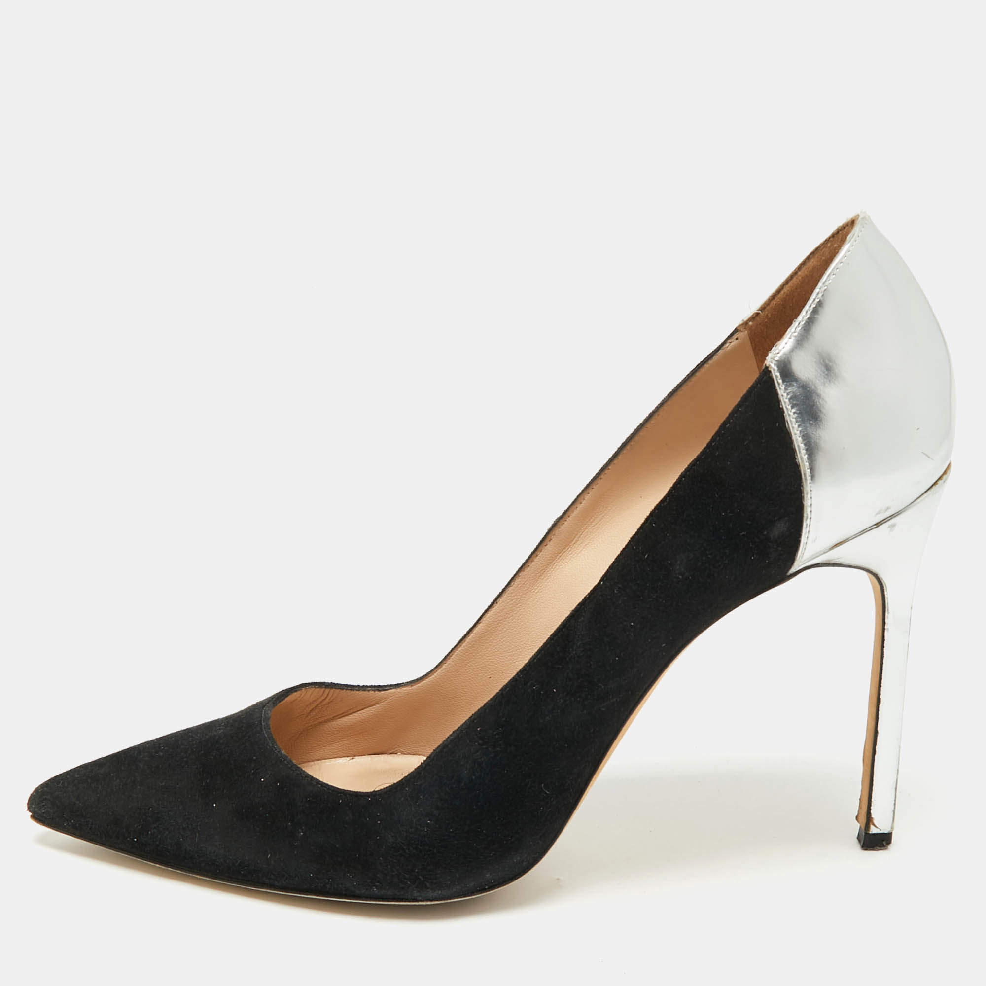 Pre Owned Manolo Blahnik Silver/Black Leather and Suede Osmana Pointed Toe Pumps Size 39.5