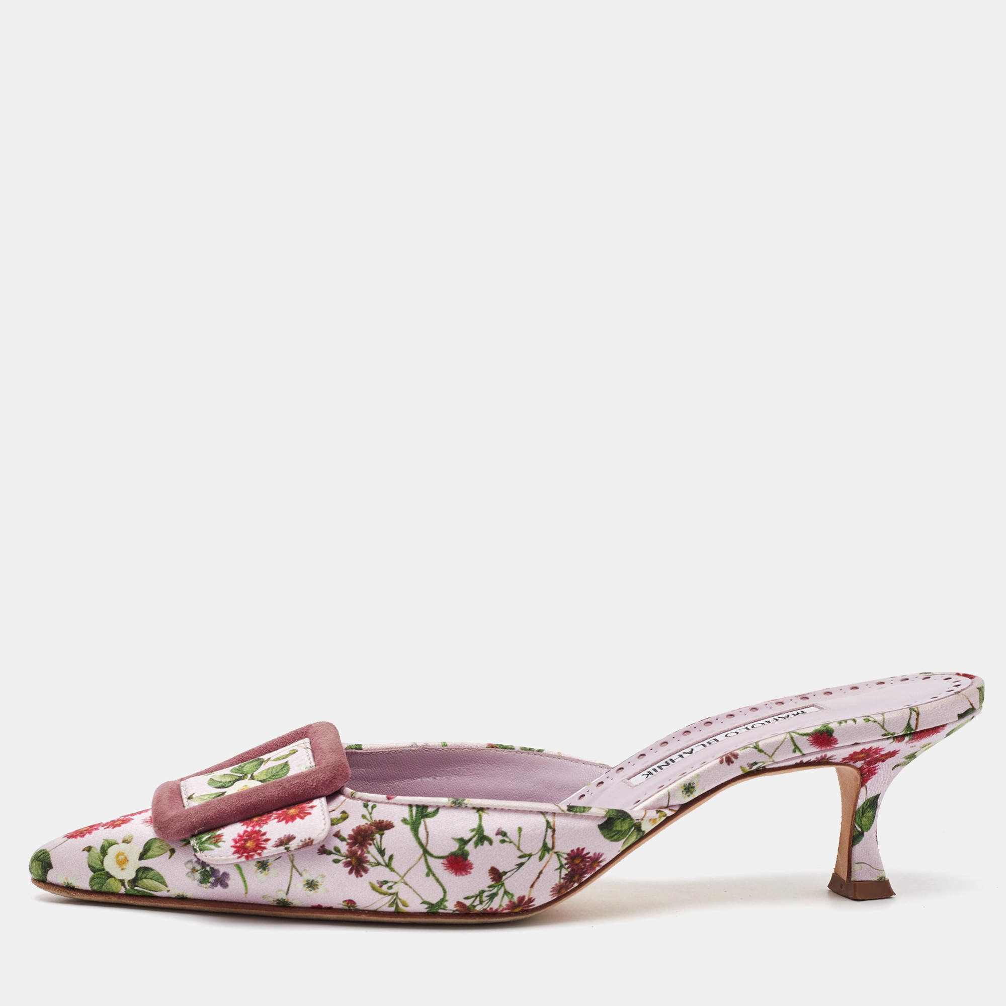 Pre Owned Manolo Blahnik Light Purple Floral Print Satin Maysalebi Mules Size 38.5