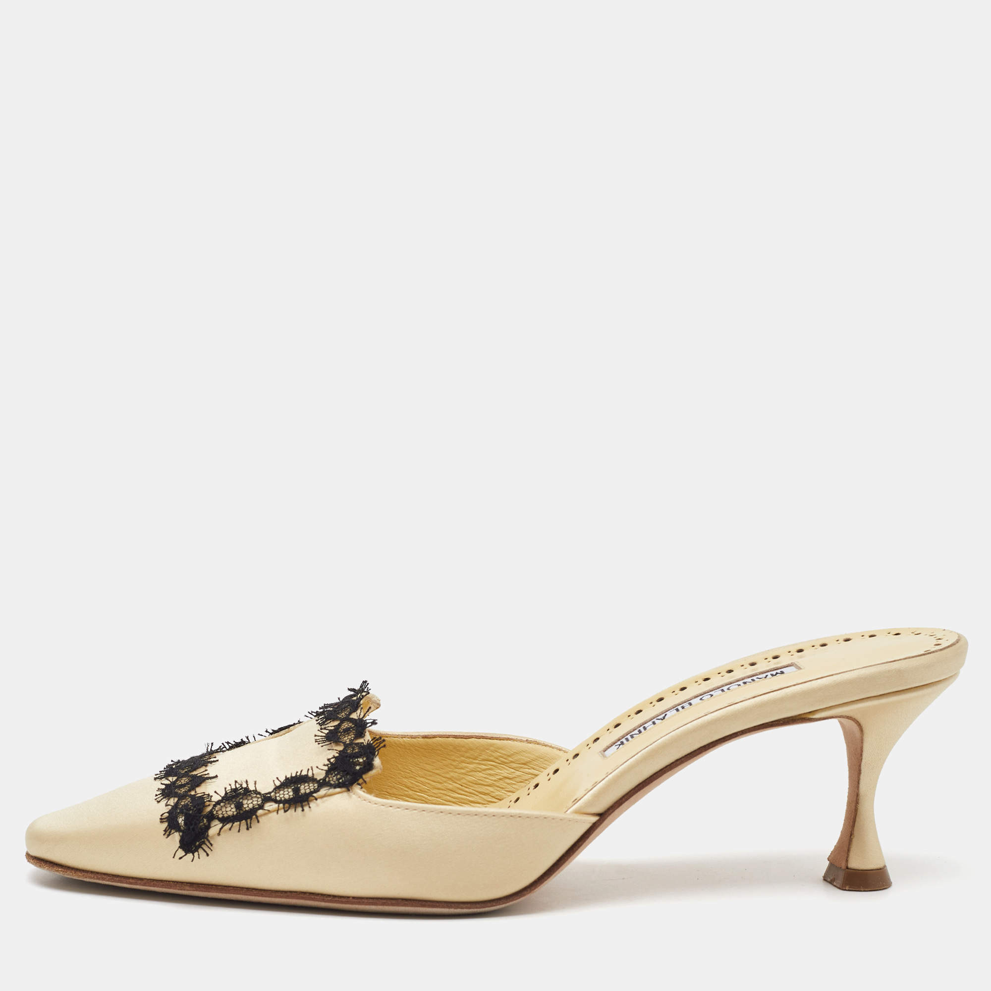 Pre Owned Manolo Blahnik Light Yellow Satin Lace Detail Mules Size 38.5