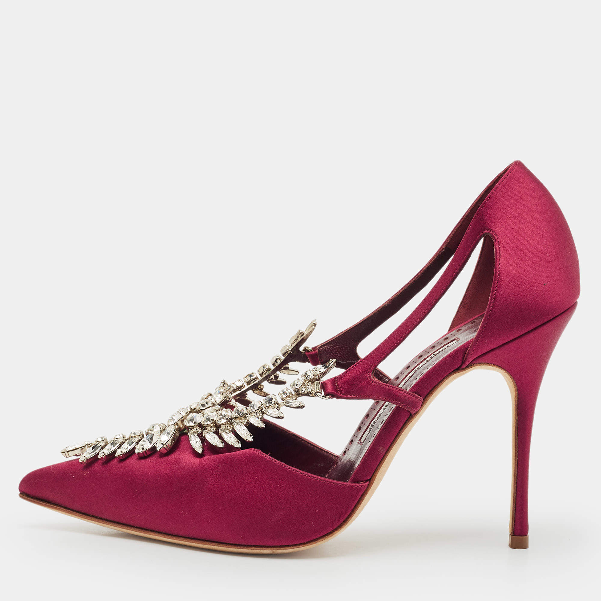 Pre Owned Manolo Blahnik Burgundy Satin Lala Pumps Size 38.5 
