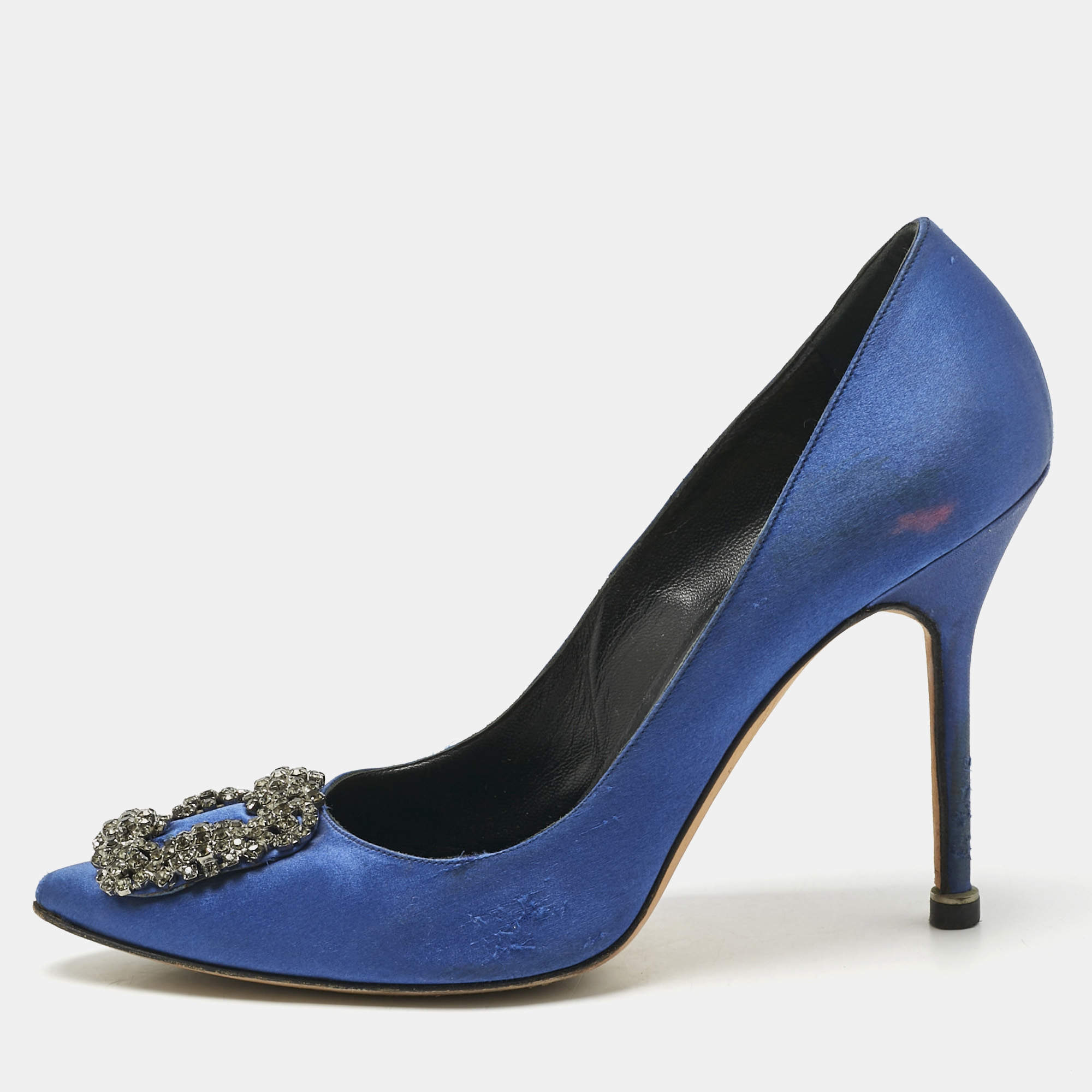 Pre Owned Manolo Blahnik Navy Blue Satin Hangisi Pumps Size 38