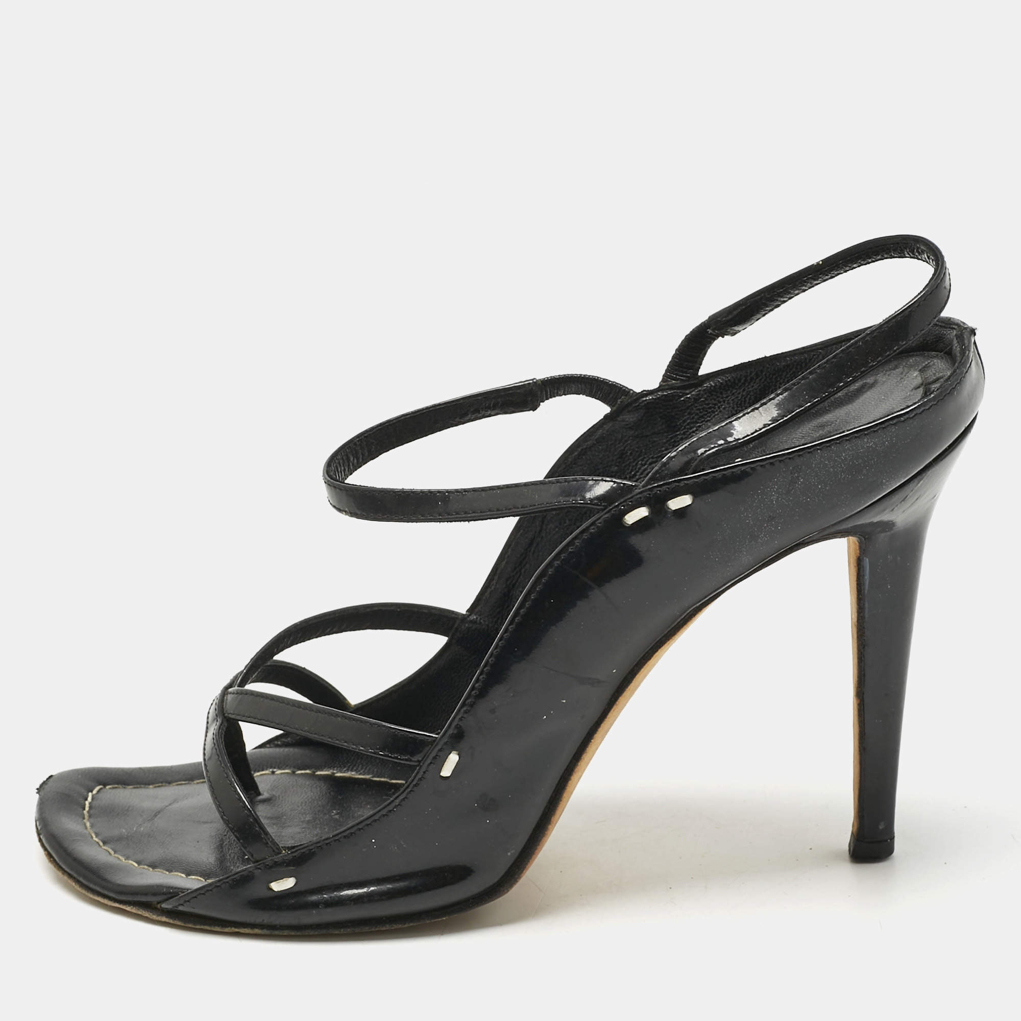 Pre Owned Manolo Blahnik Black Mesh and Leather Slingback Sandals Size 37.5