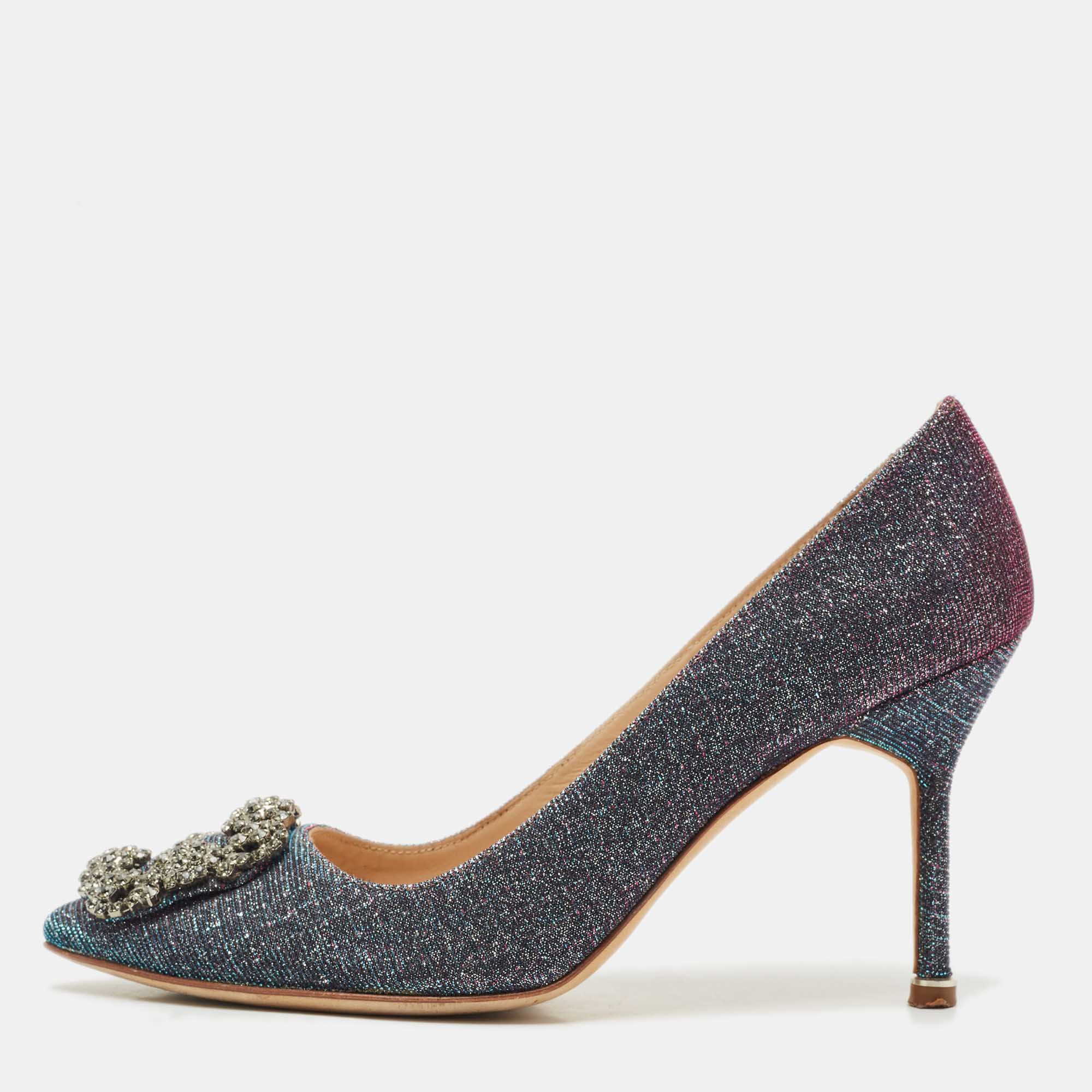 Pre Owned Manolo Blahnik Multicolor Glitter Fabric Hangisi Pumps Size 37