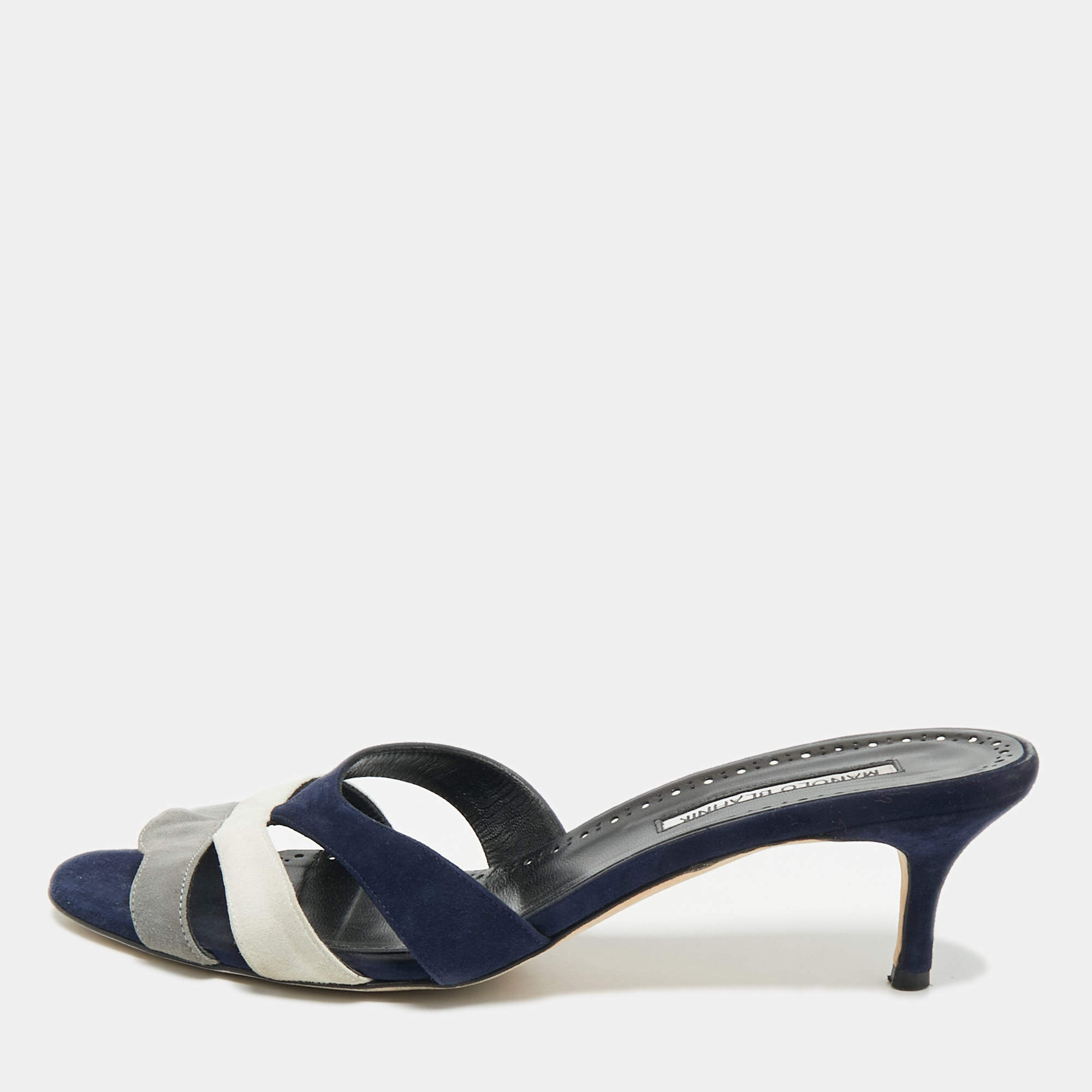 Pre Owned Manolo Blahnik Tri Color Suede Slide Sandals Size 40