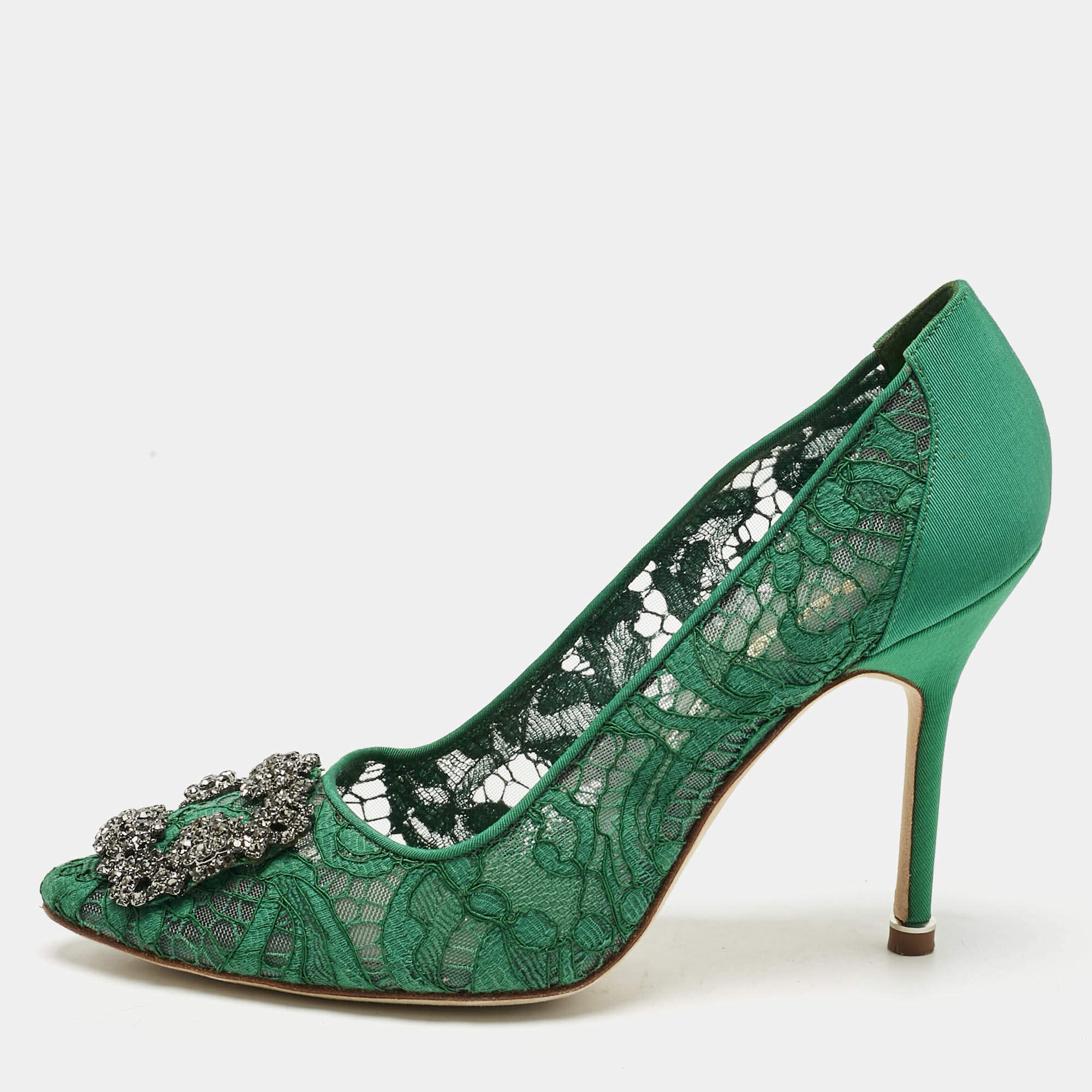 Pre Owned Manolo Blahnik Green Lace and Mesh Hangisi Pumps Size 37.5