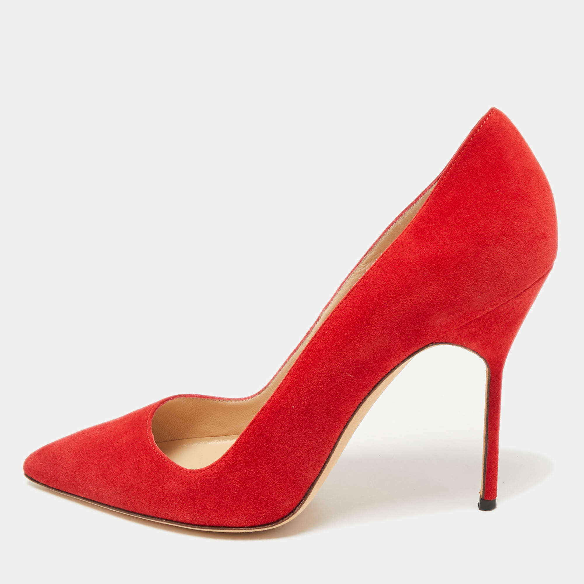 Pre Owned Manolo Blahnik Red Suede BB Pointed Toe Pumps Size 40.5