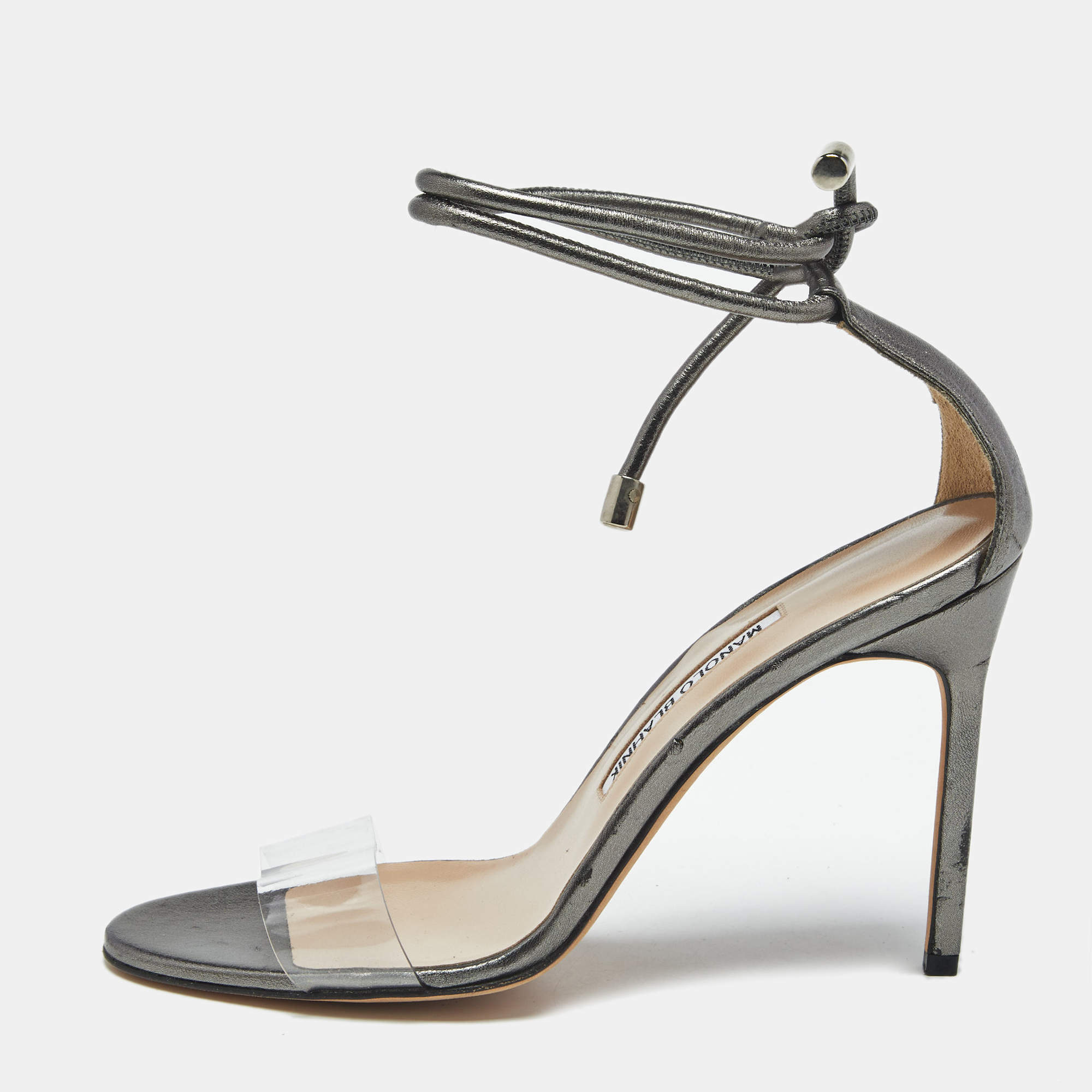 Pre Owned Manolo Blahnik Metallic Leather and PVC Estro Ankle Strap Sandals Size 39