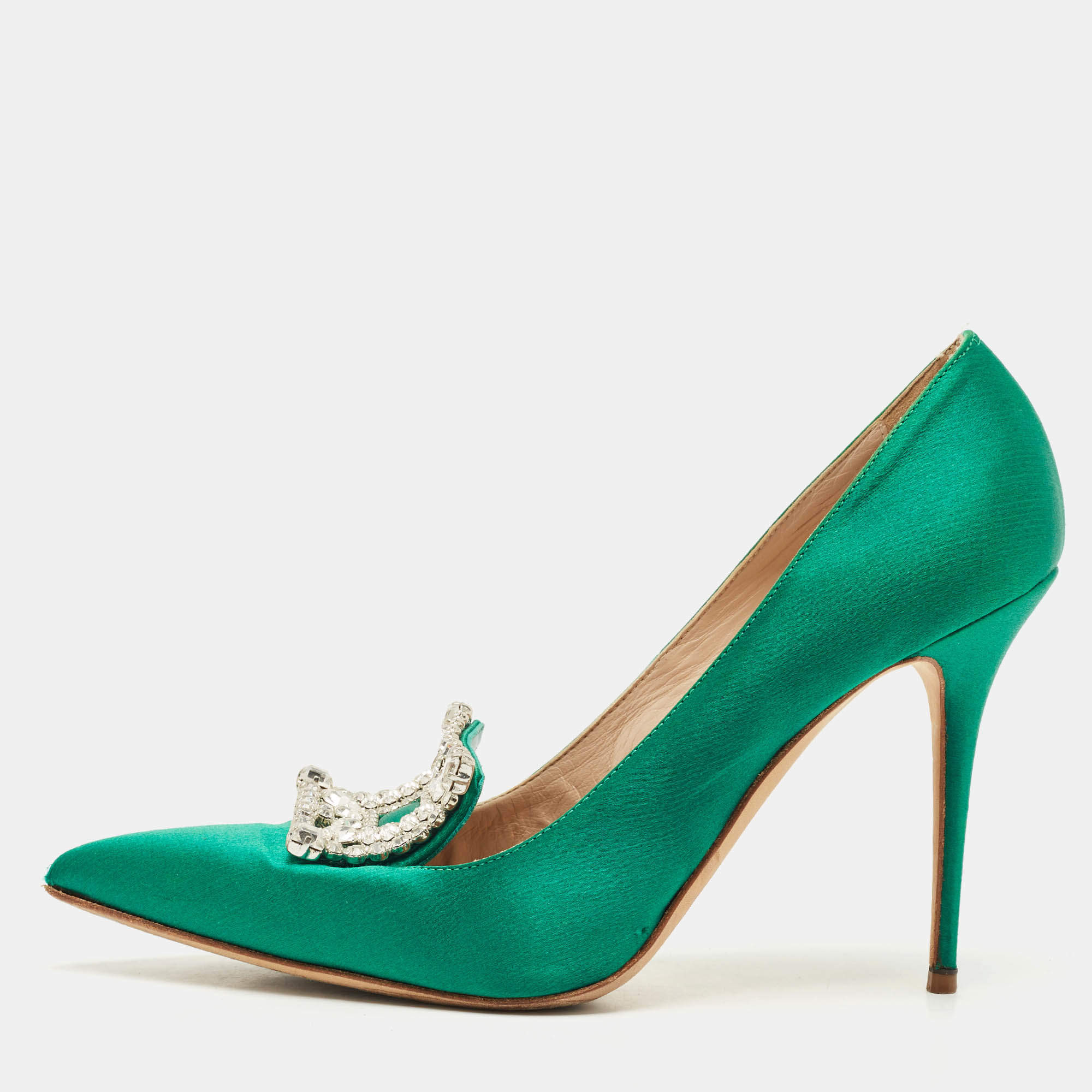 Pre Owned Manolo Blahnik Green Satin Crystal Embellished Borlak Pumps Size 39.5