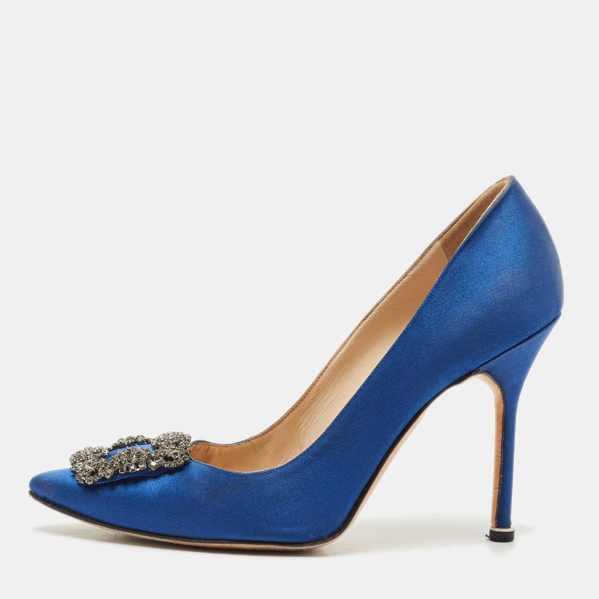 Pre Owned Manolo Blahnik Blue Satin Hangisi Crystal Embellished Pumps Size 38.5