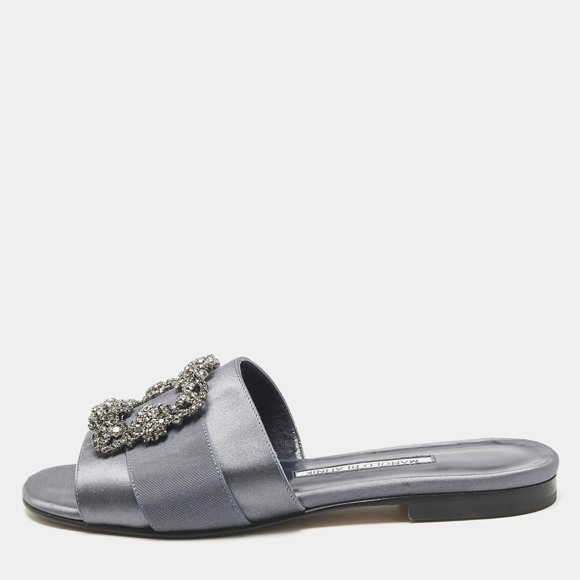 Pre Owned Manolo Blahnik Navy Blue Satin  Martamod  Flat Sandals Size 38