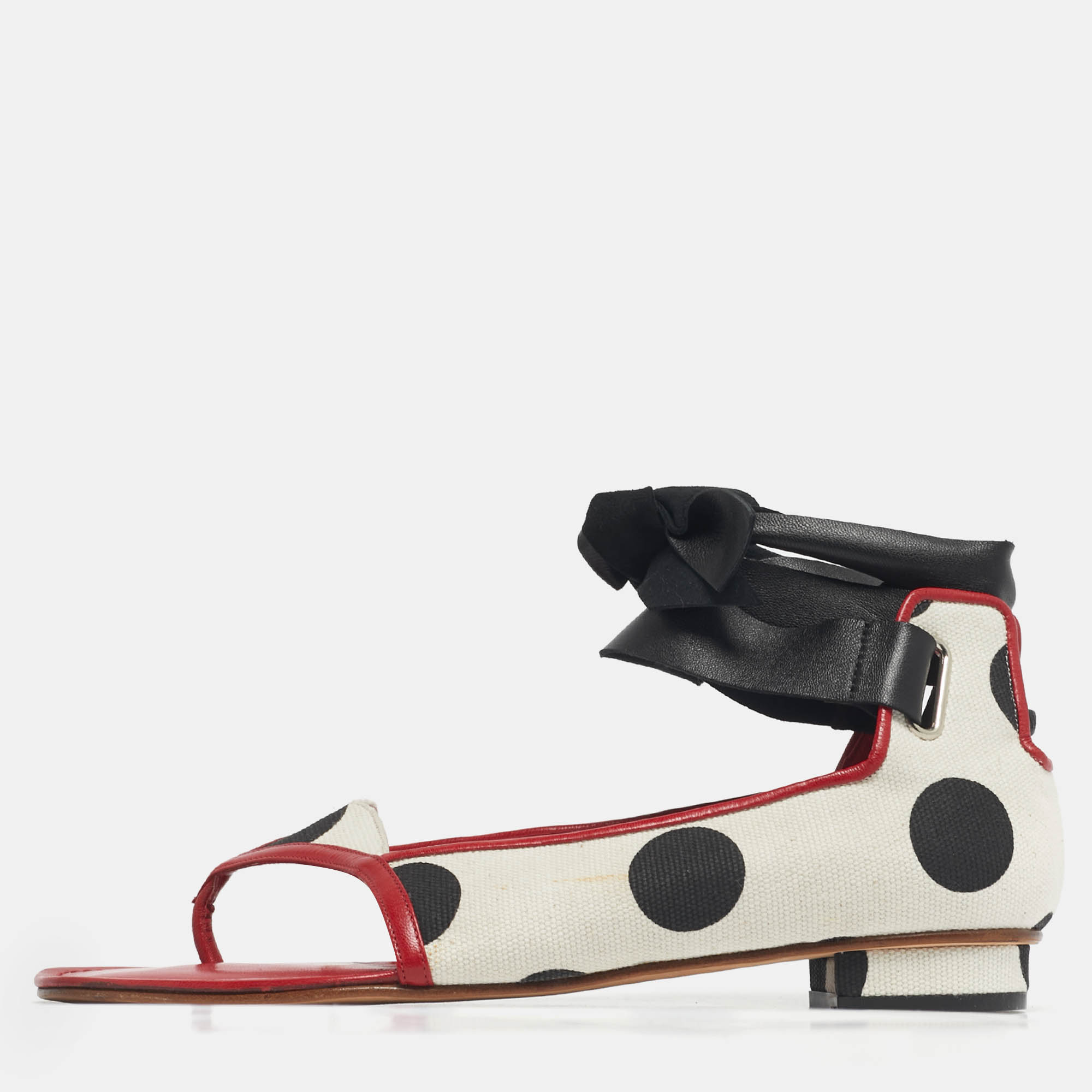 Pre Owned Manolo Blahnik Tricolor Canvas and Leather Ankle Wrap Flat Sandals Size 39