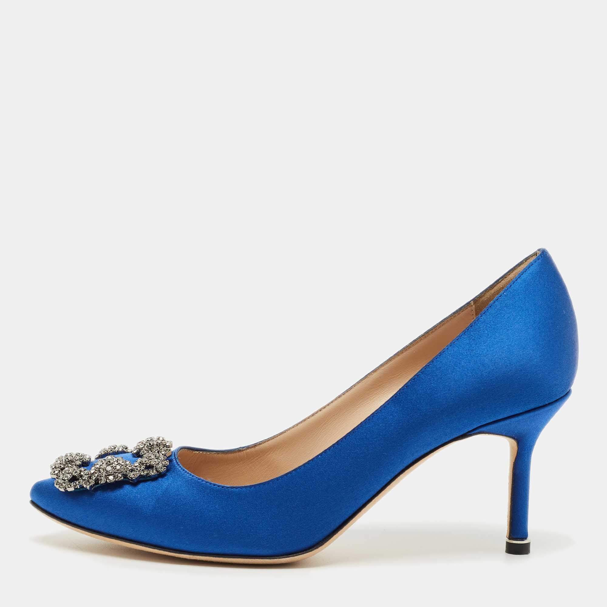 Pre Owned Manolo Blahnik Blue Satin Hangisi Crystal Embellished Pumps Size 37.5