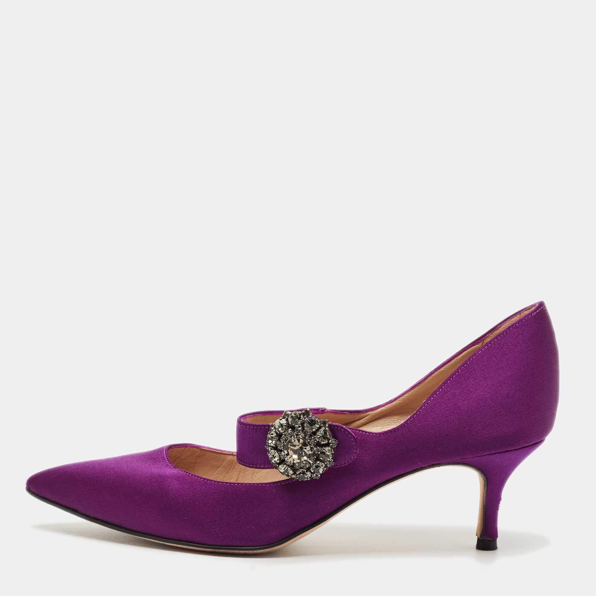 Pre Owned Manolo Blahnik Purple Satin Mary Jane Pumps Size 36