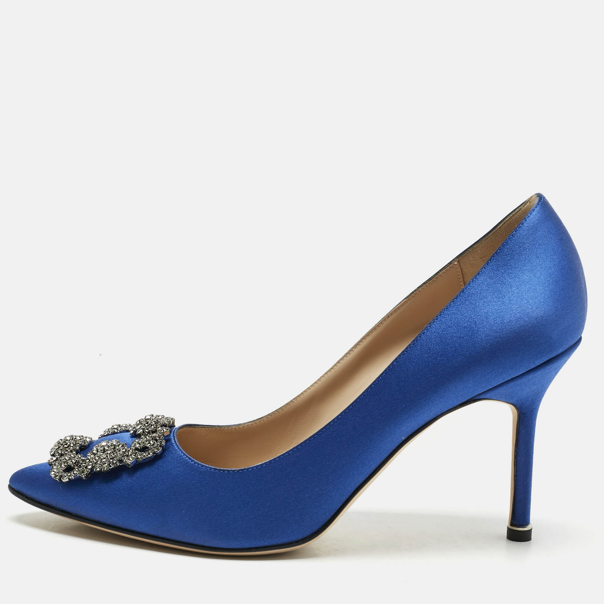Pre Owned Manolo Blahnik Blue Satin Hangisi Crystal Embellished Pumps Size 39