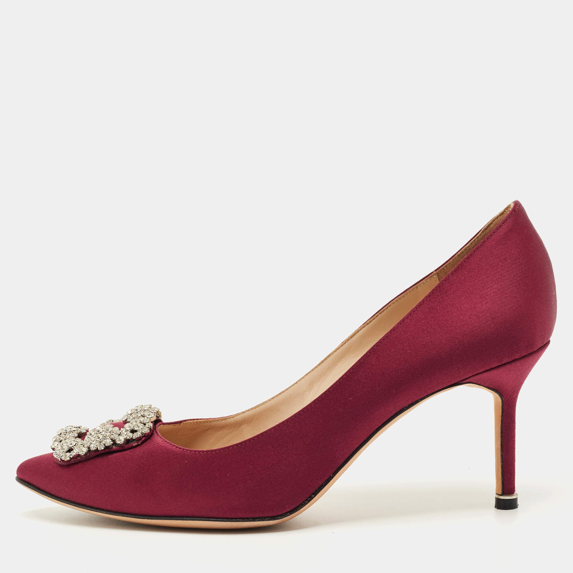 Pre Owned Manolo Blahnik Burgundy Satin Hangisi Embellished Pointed Toe Pumps Size 41