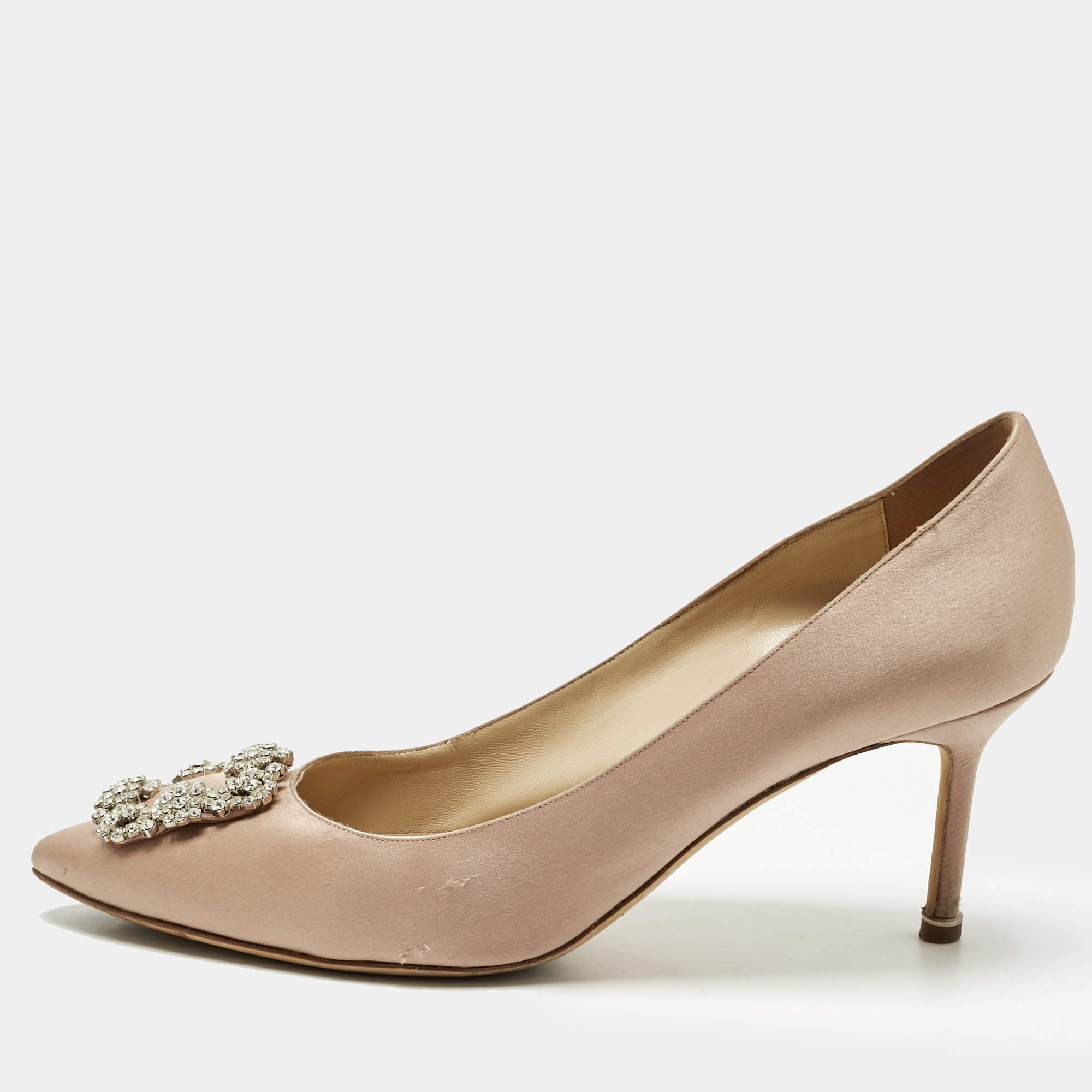 Pre Owned Manolo Blahnik Beige Satin Hangisi Pumps Size 42