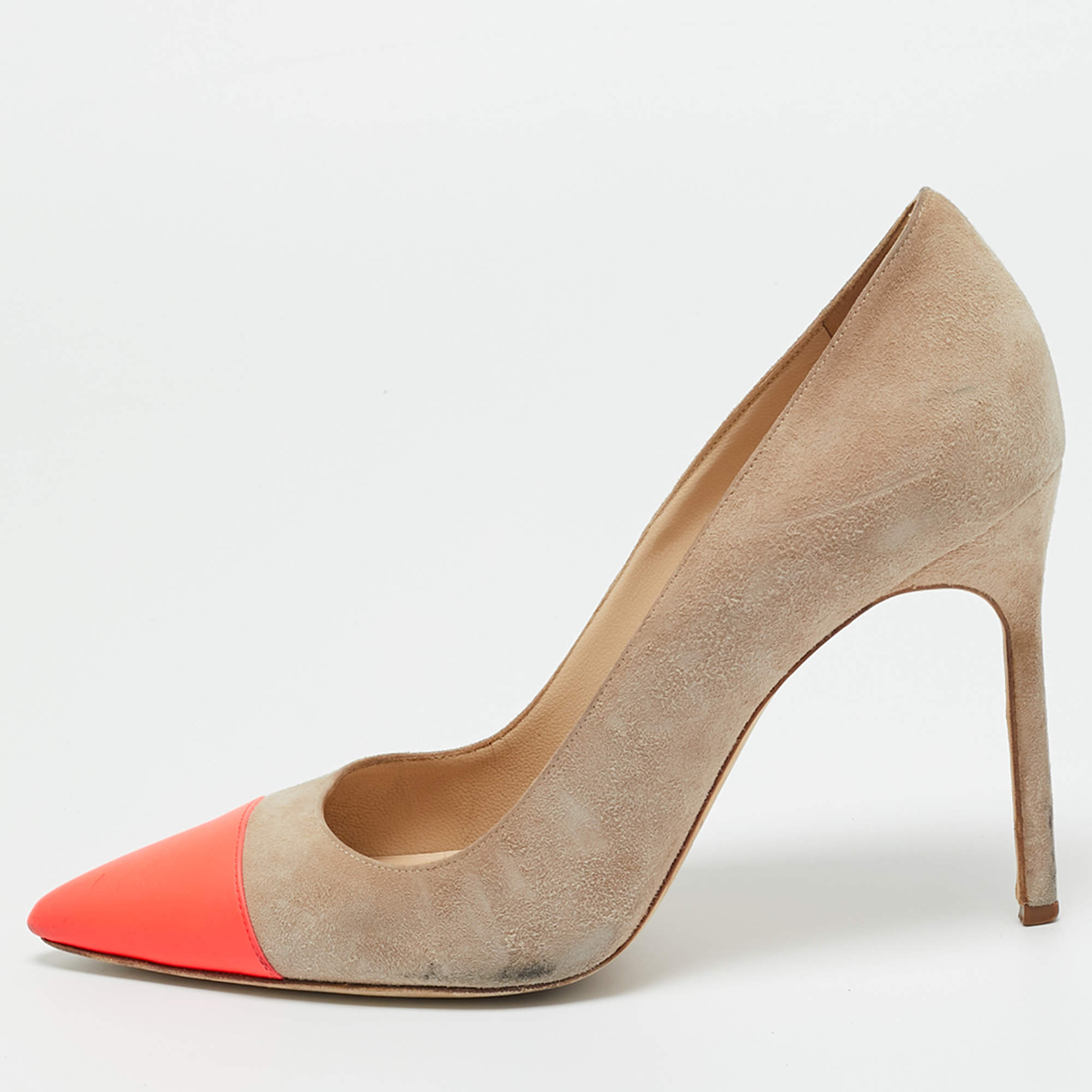Pre Owned Manolo Blahnik Beige/Neon Pink Leather and Suede Bipunta Pumps Size 38