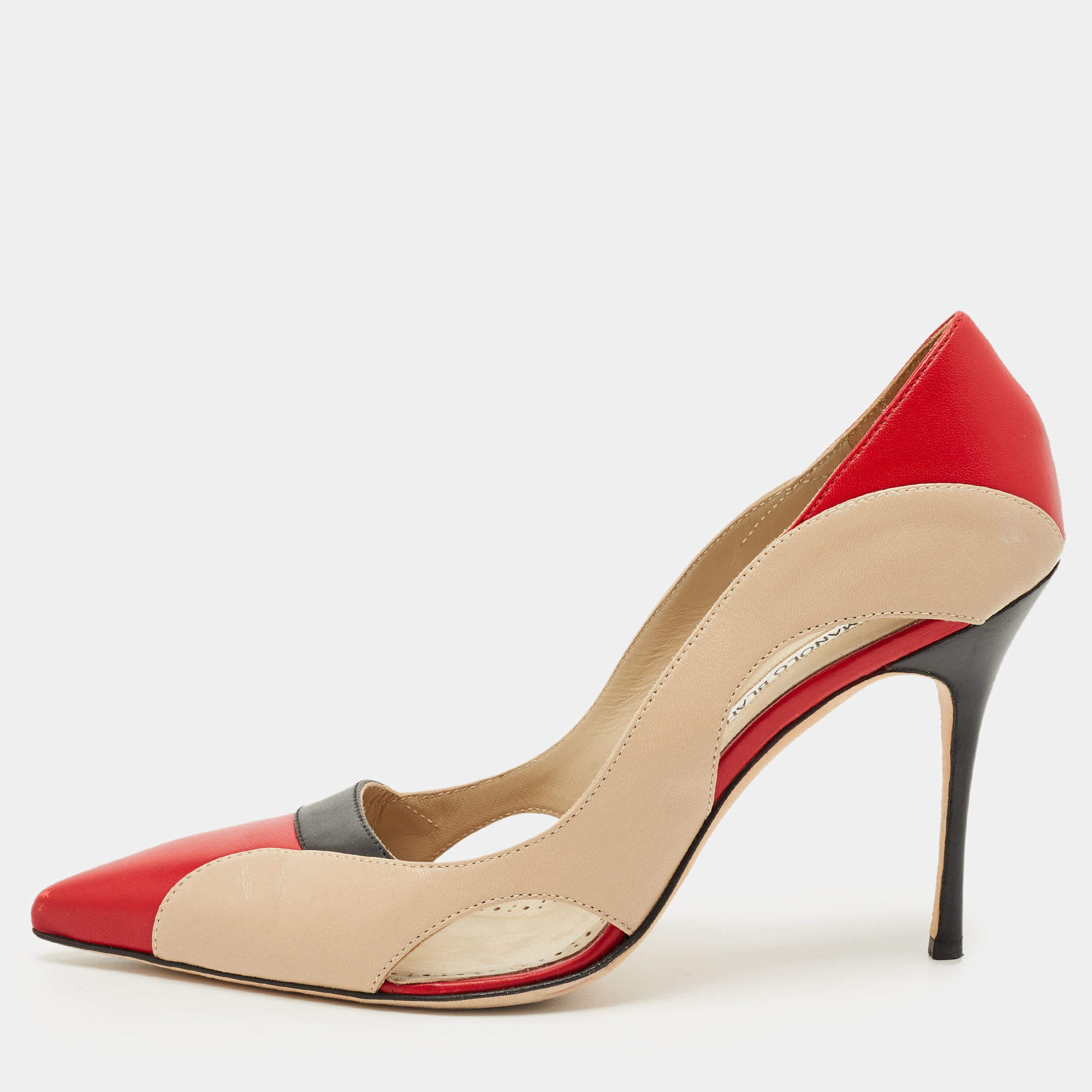 Pre Owned Manolo Blahnik Tricolor Cut Out Leather Vestala  Pointed Toe Pumps Size 42