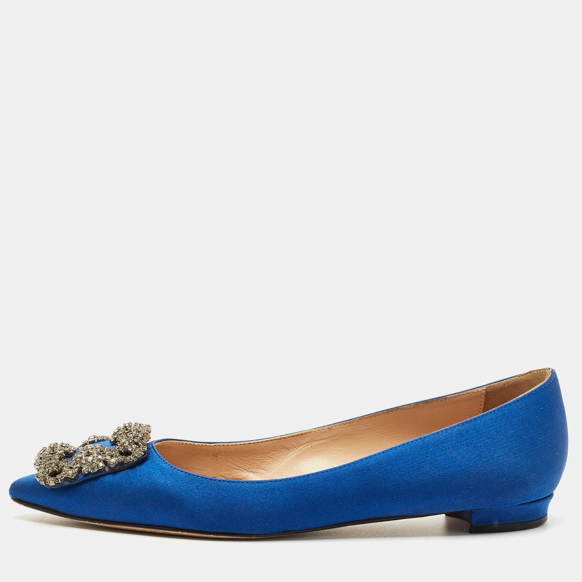 Pre Owned Manolo Blahnik Blue Satin Hangisi Ballet Flats Size 36